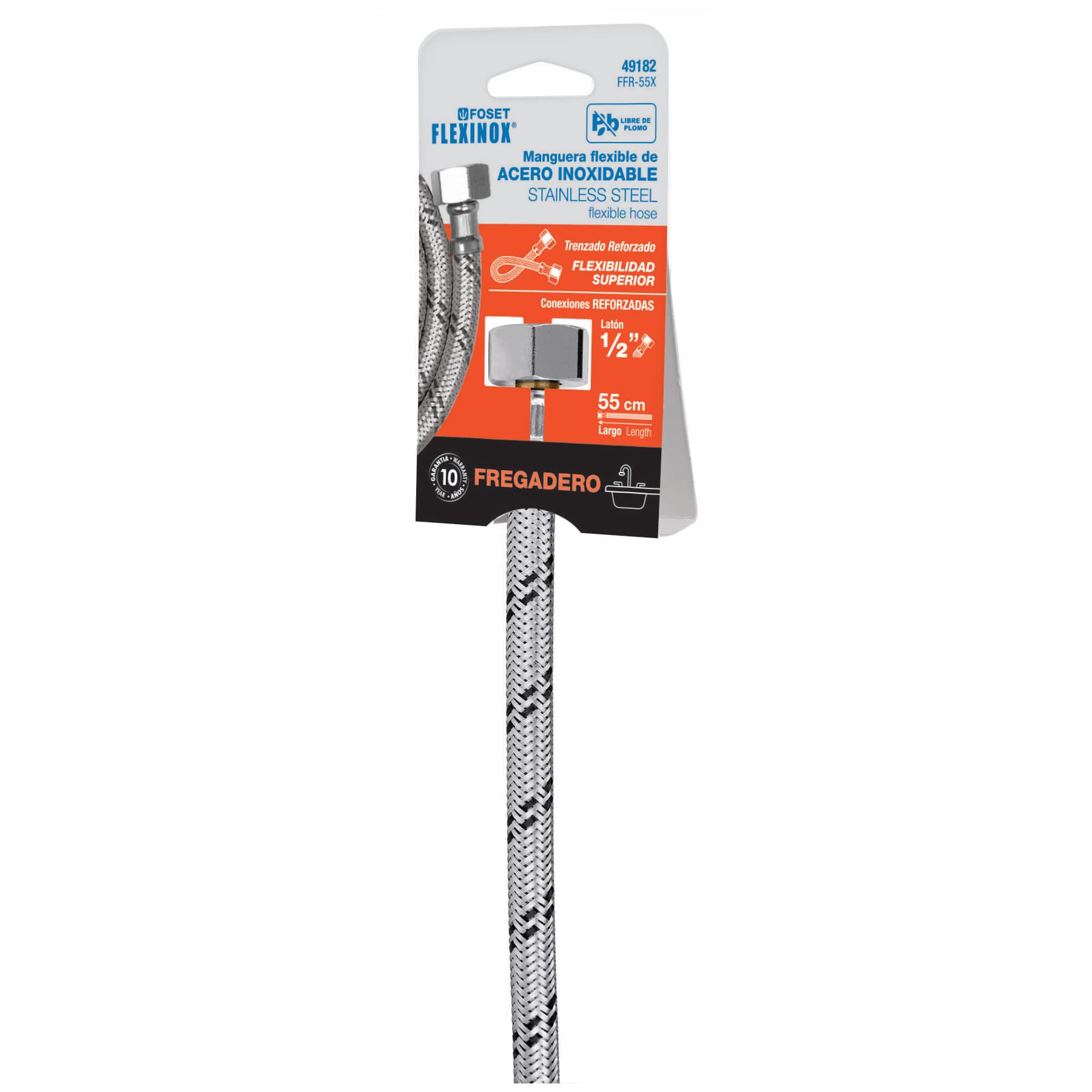 Manguera lavabo/fregadero, acero inox, 1/2" x 1/2", 55 cm