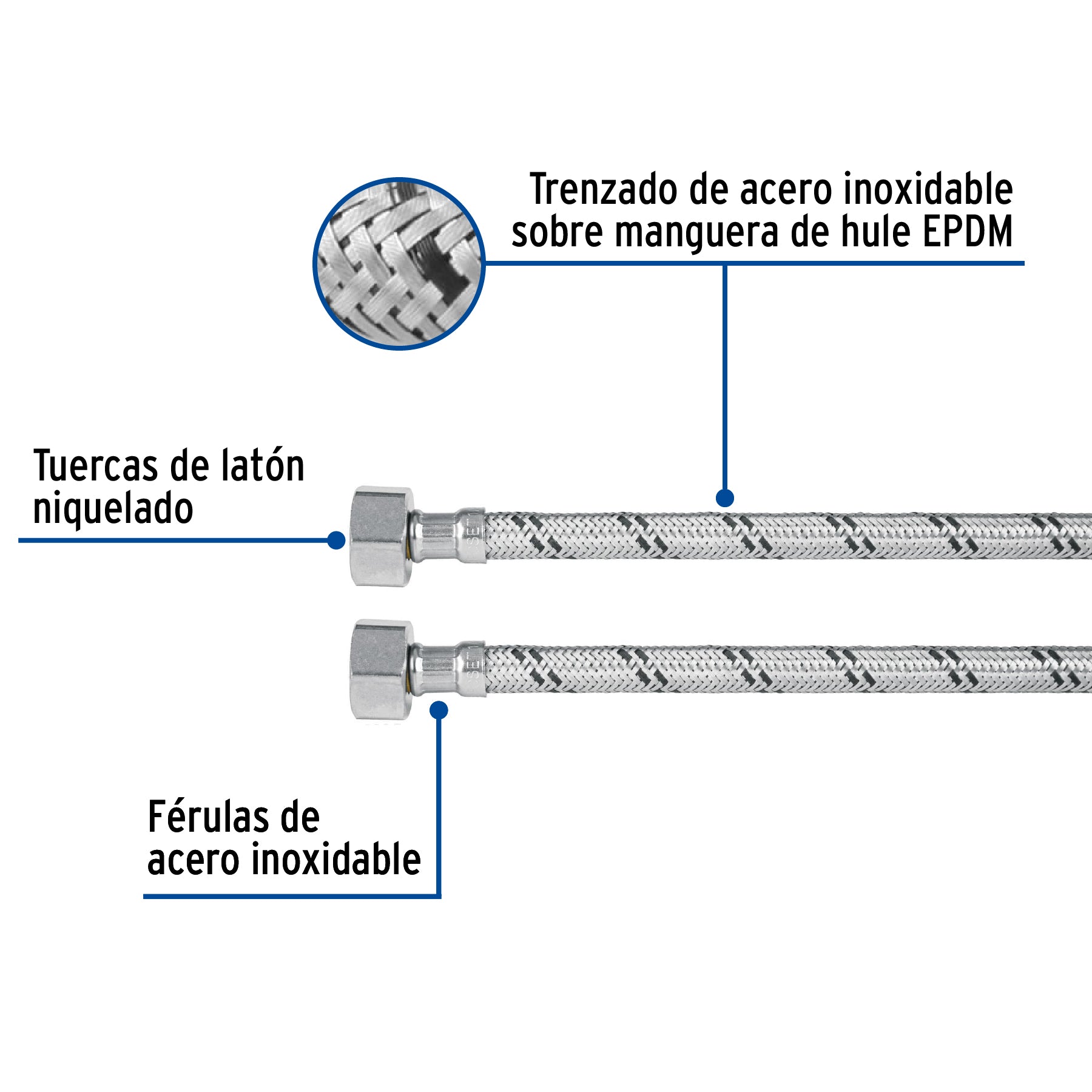 Manguera lavabo/fregadero, acero inox, 1/2" x 1/2", 55 cm