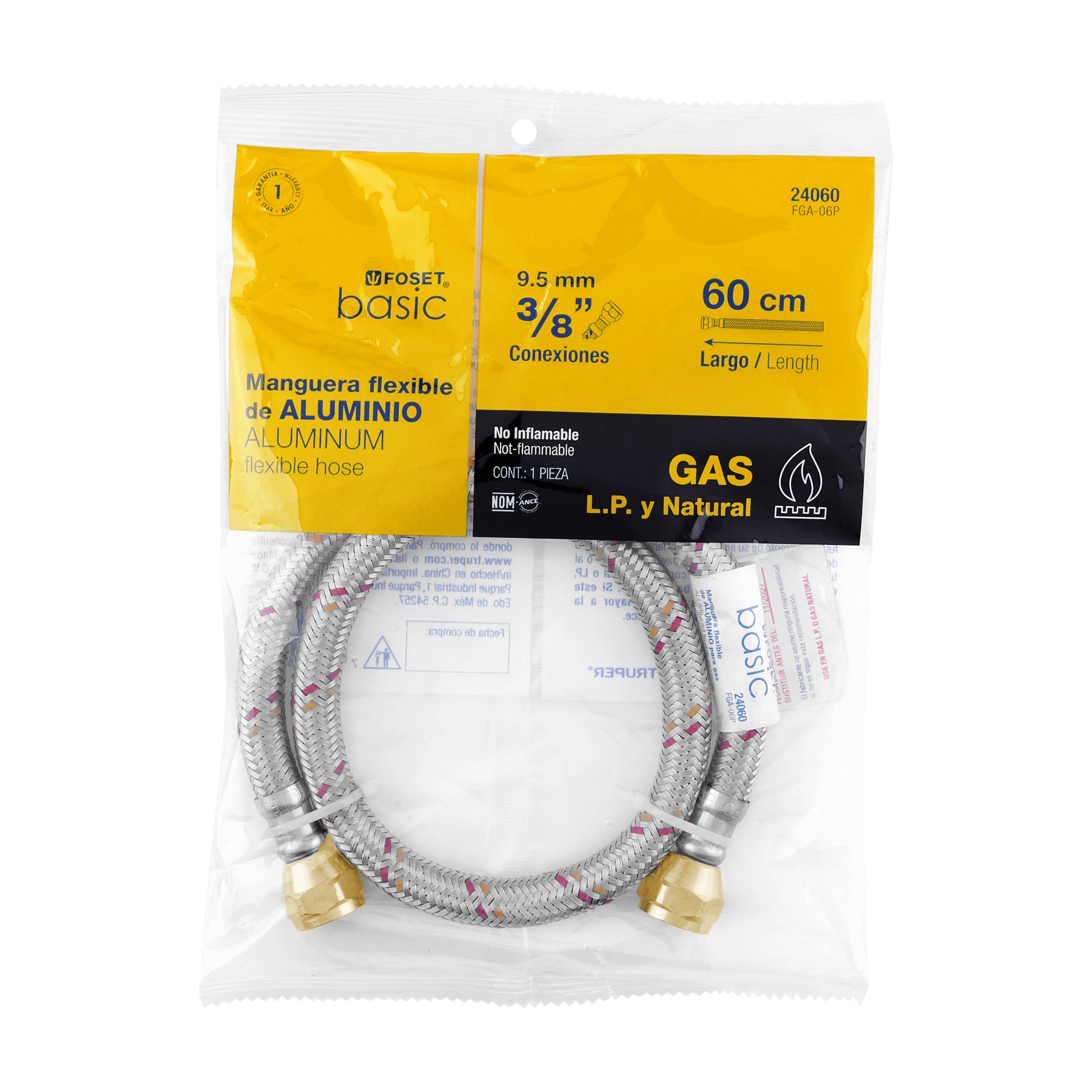 Manguera para gas, aluminio, 3/8" flare, 60 cm, FOSET BASIC