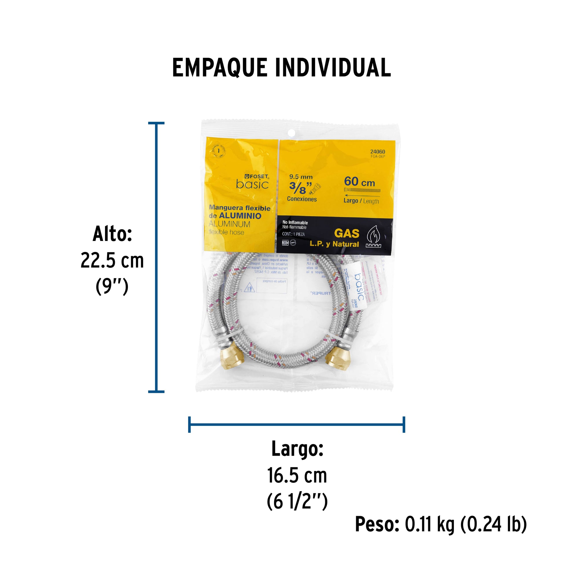 Manguera para gas, aluminio, 3/8" flare, 60 cm, FOSET BASIC - Empaque