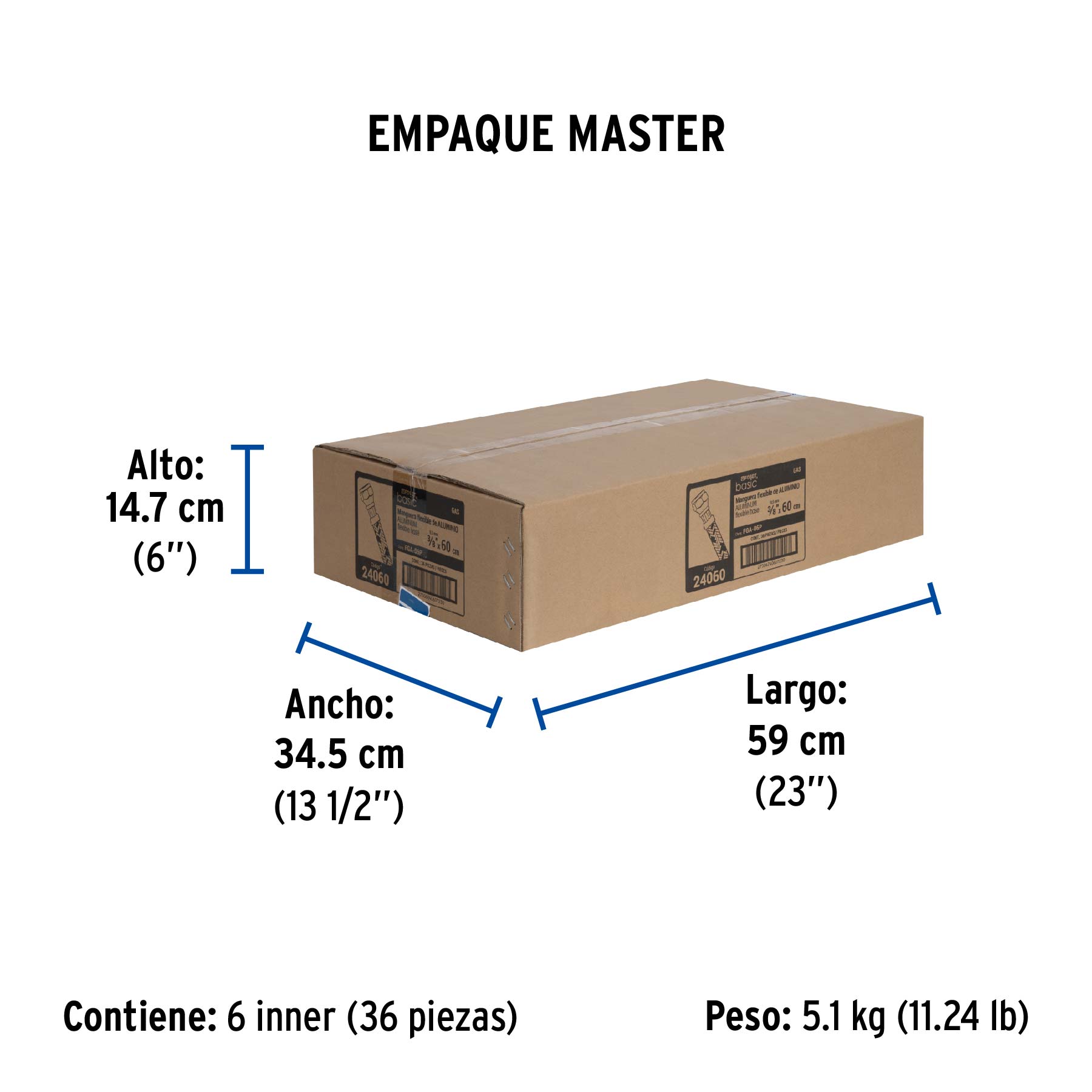 Manguera para gas, aluminio, 3/8" flare, 60 cm, FOSET BASIC - Empaque