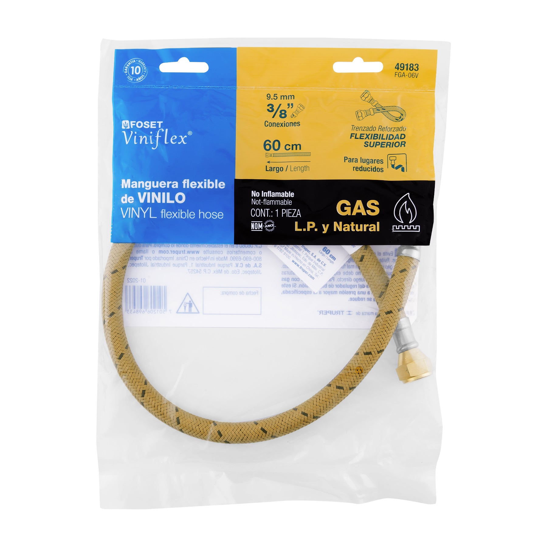 Manguera para gas, vinilo, 3/8" flare, 60 cm, FOSET