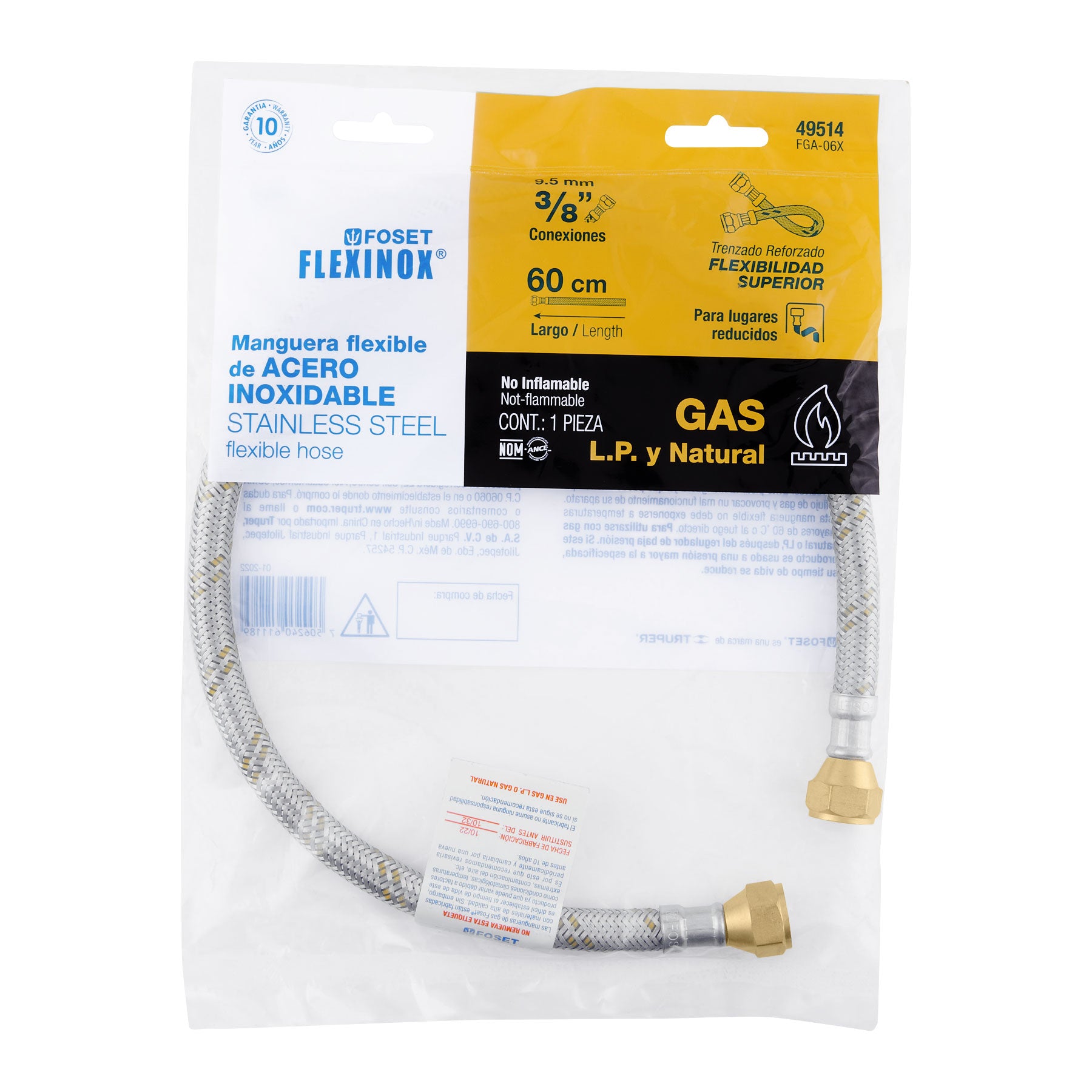 Manguera para gas, acero inox, 3/8" flare, 60 cm, FOSET