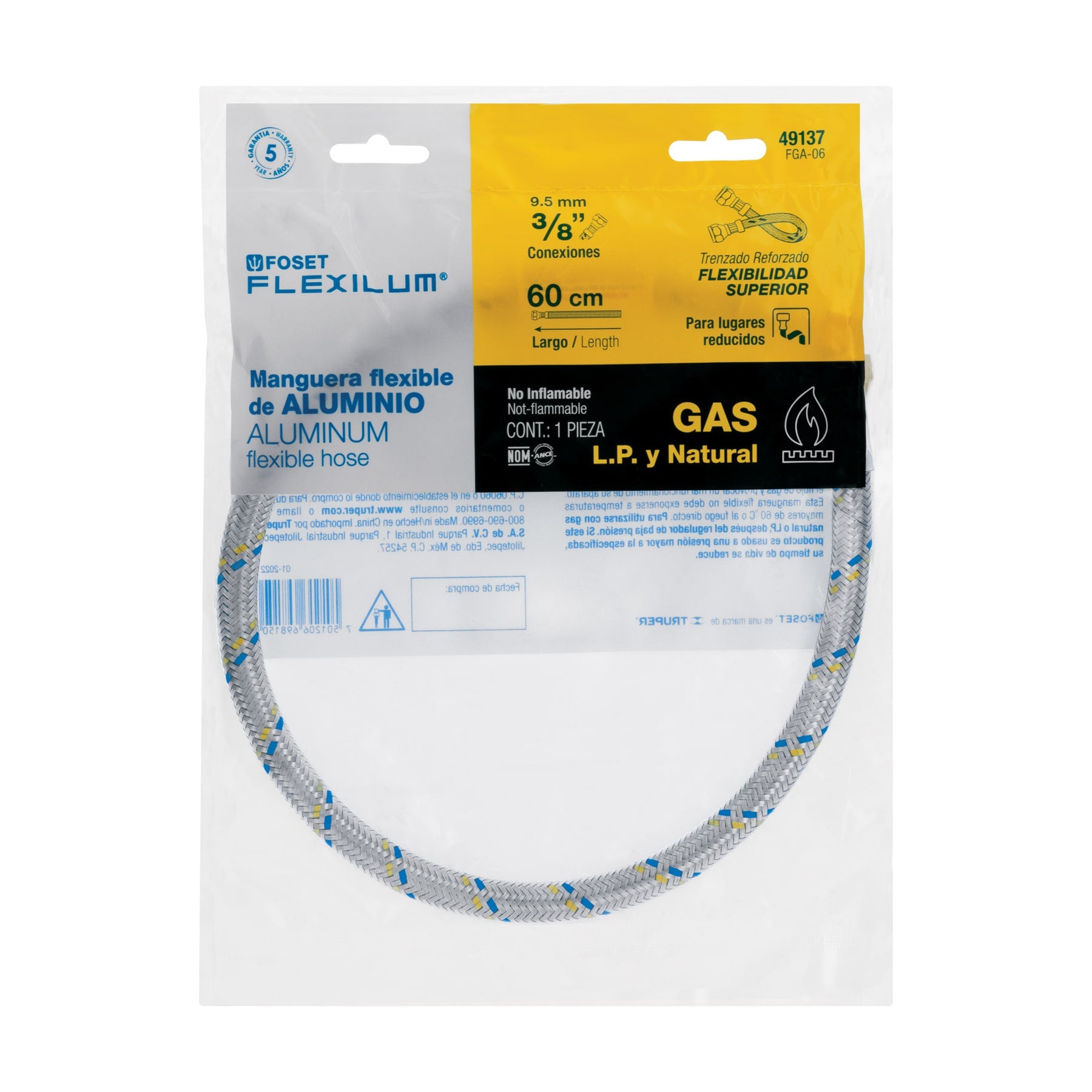 Manguera para gas, aluminio, 3/8" flare, 60 cm, FOSET