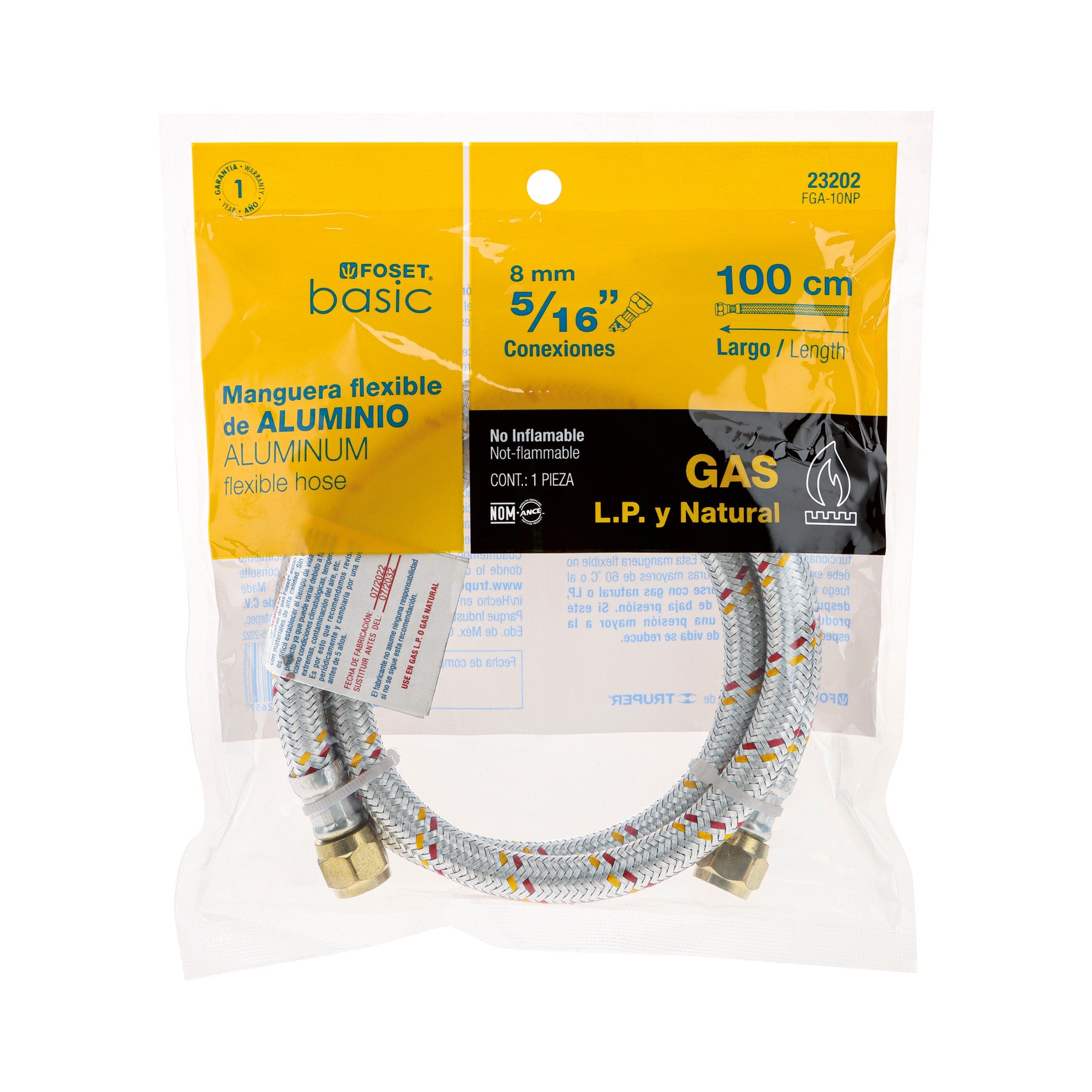 Manguera para gas, aluminio, 5/16" flare, 100cm, FOSET BASIC