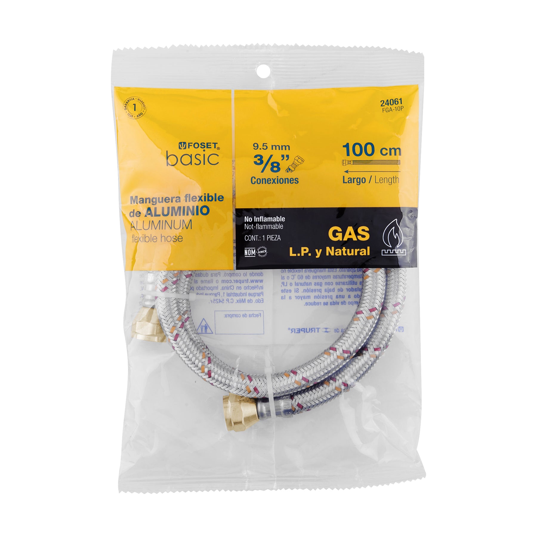 Manguera para gas, aluminio, 3/8" flare, 100 cm, FOSET BASIC