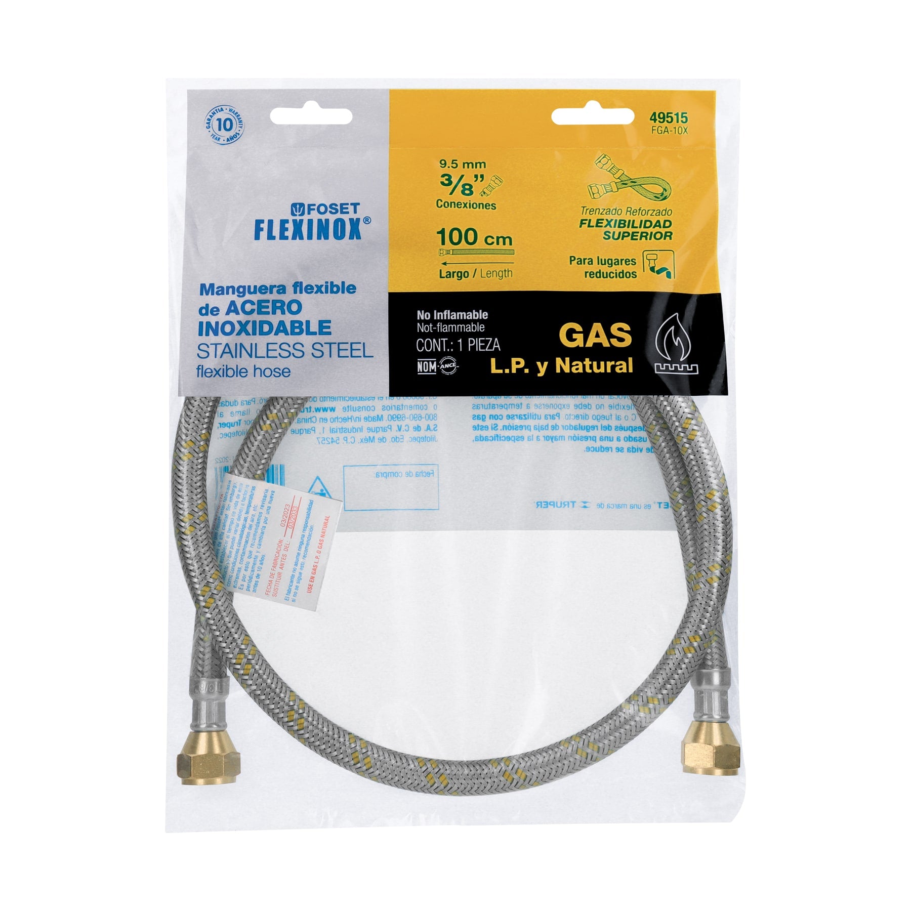 Manguera para gas, acero inox, 3/8" flare, 100 cm, FOSET