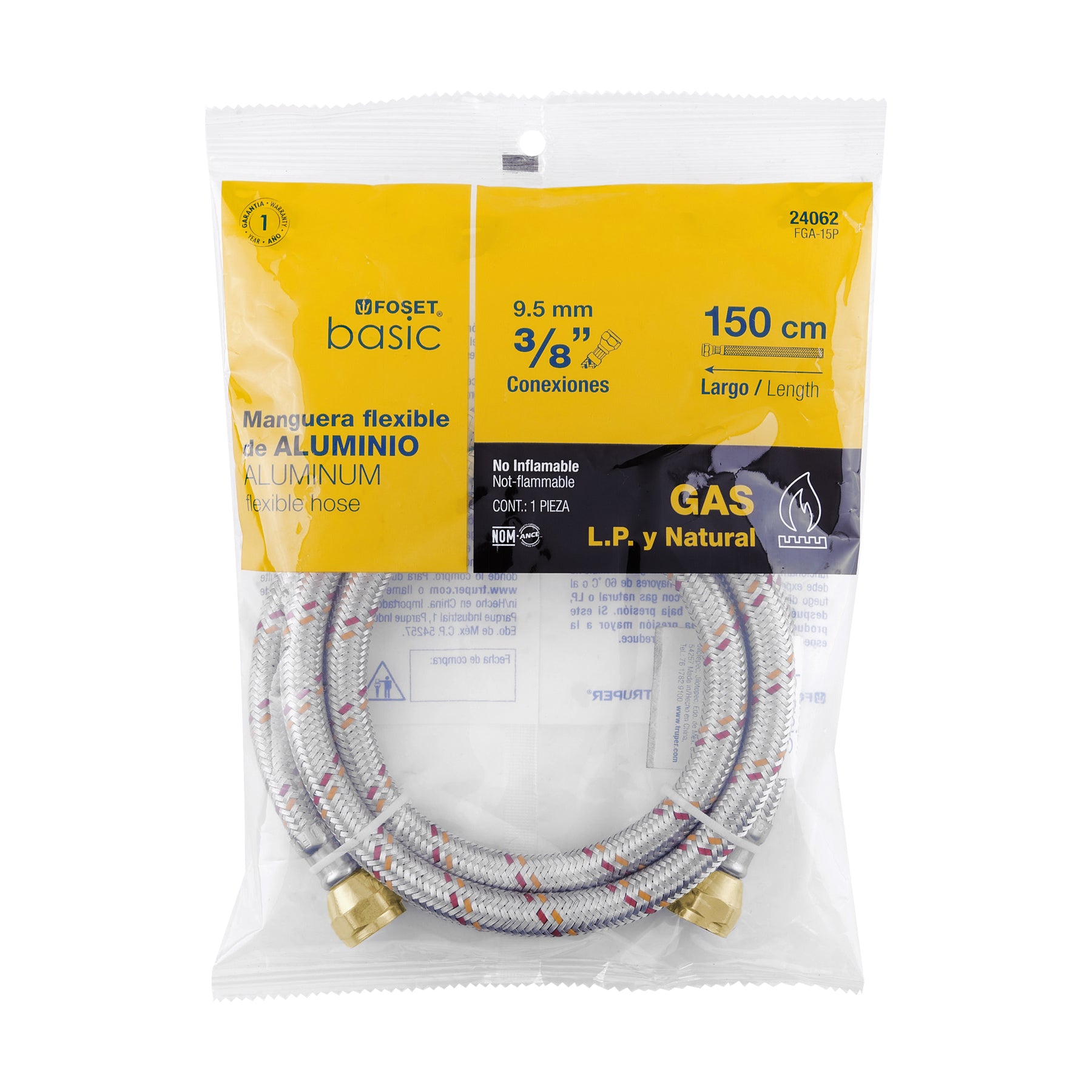 Manguera para gas, aluminio, 3/8" flare, 150 cm, FOSET BASIC