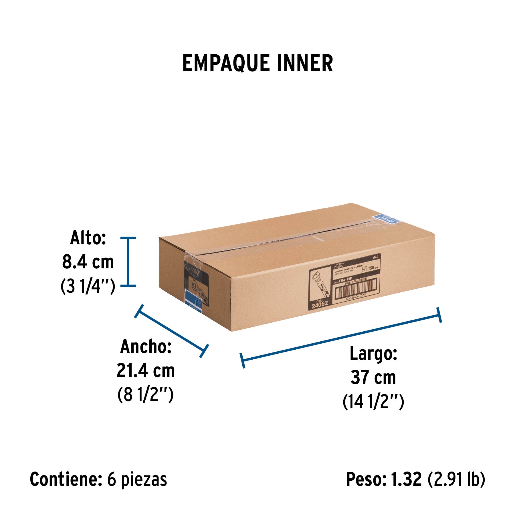 Manguera para gas, aluminio, 3/8" flare, 150 cm, FOSET BASIC - Empaque