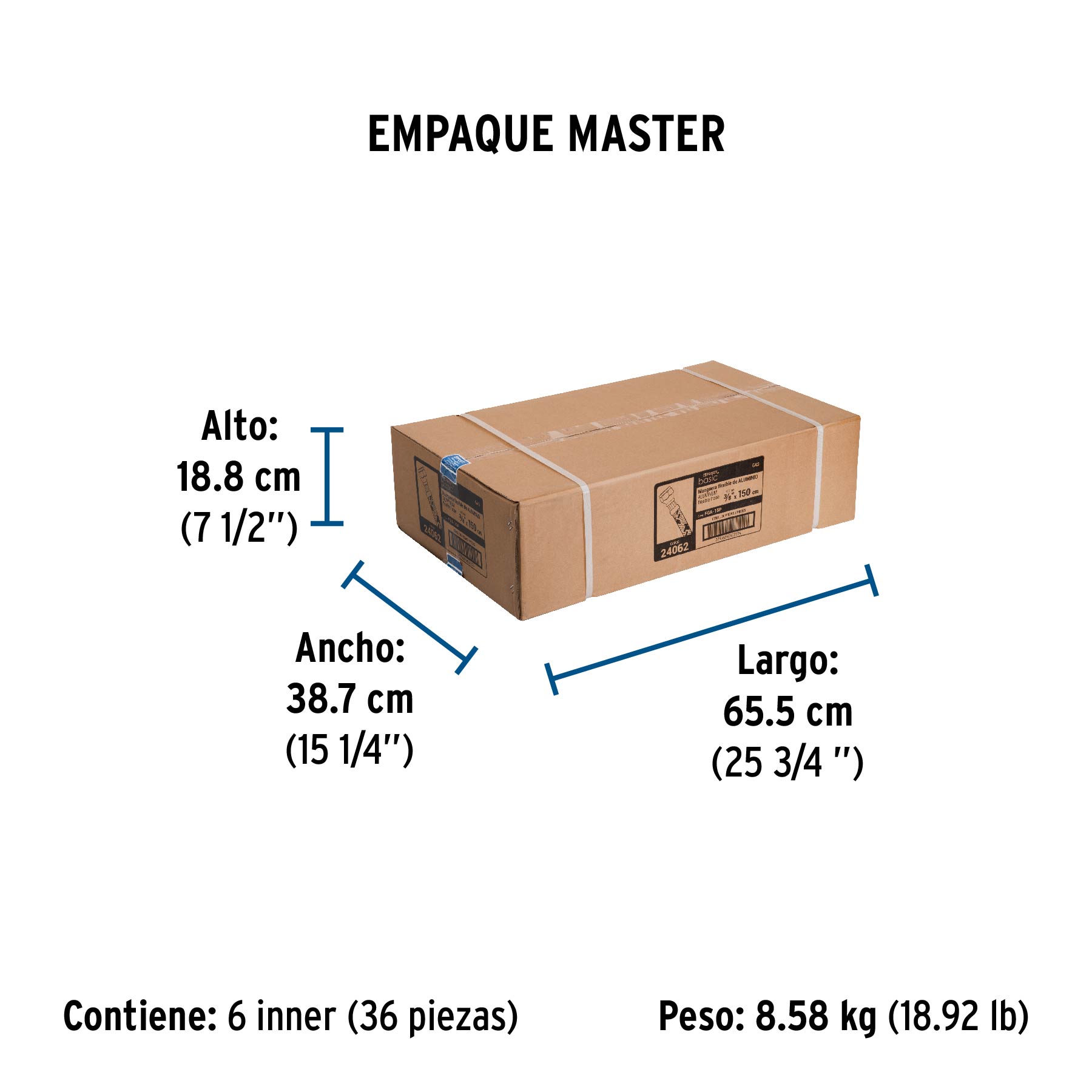 Manguera para gas, aluminio, 3/8" flare, 150 cm, FOSET BASIC - Empaque