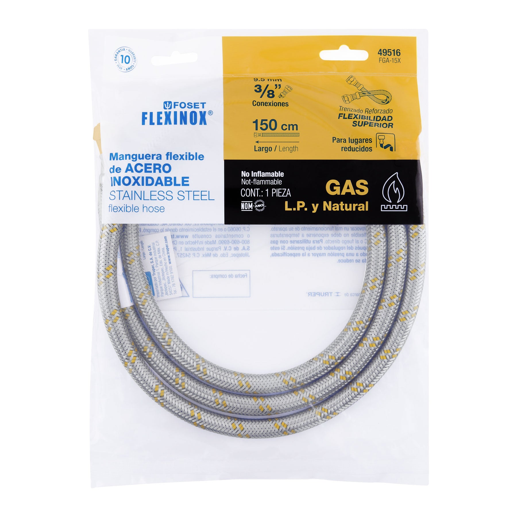 Manguera para gas, acero inox, 3/8" flare, 150 cm, FOSET