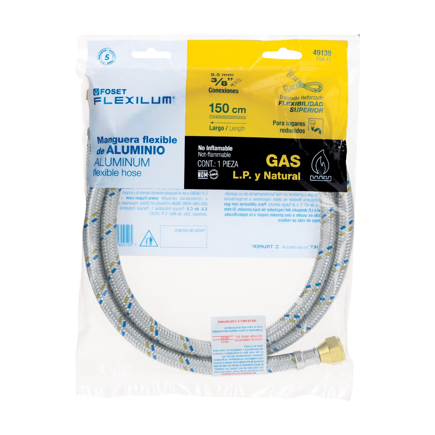 Manguera para gas, aluminio, 3/8" flare, 150 cm, FOSET