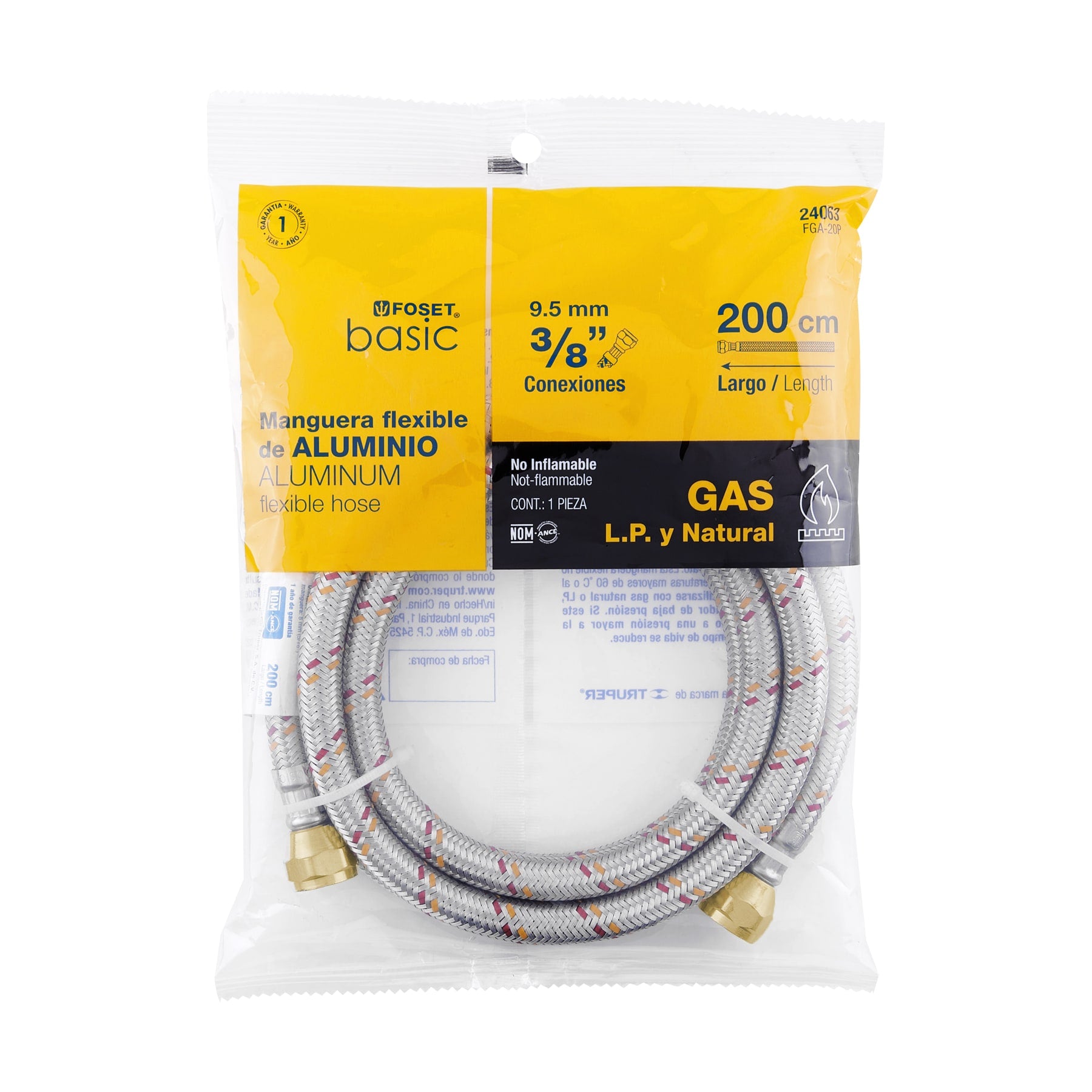 Manguera para gas, aluminio, 3/8" flare, 200 cm, FOSET BASIC