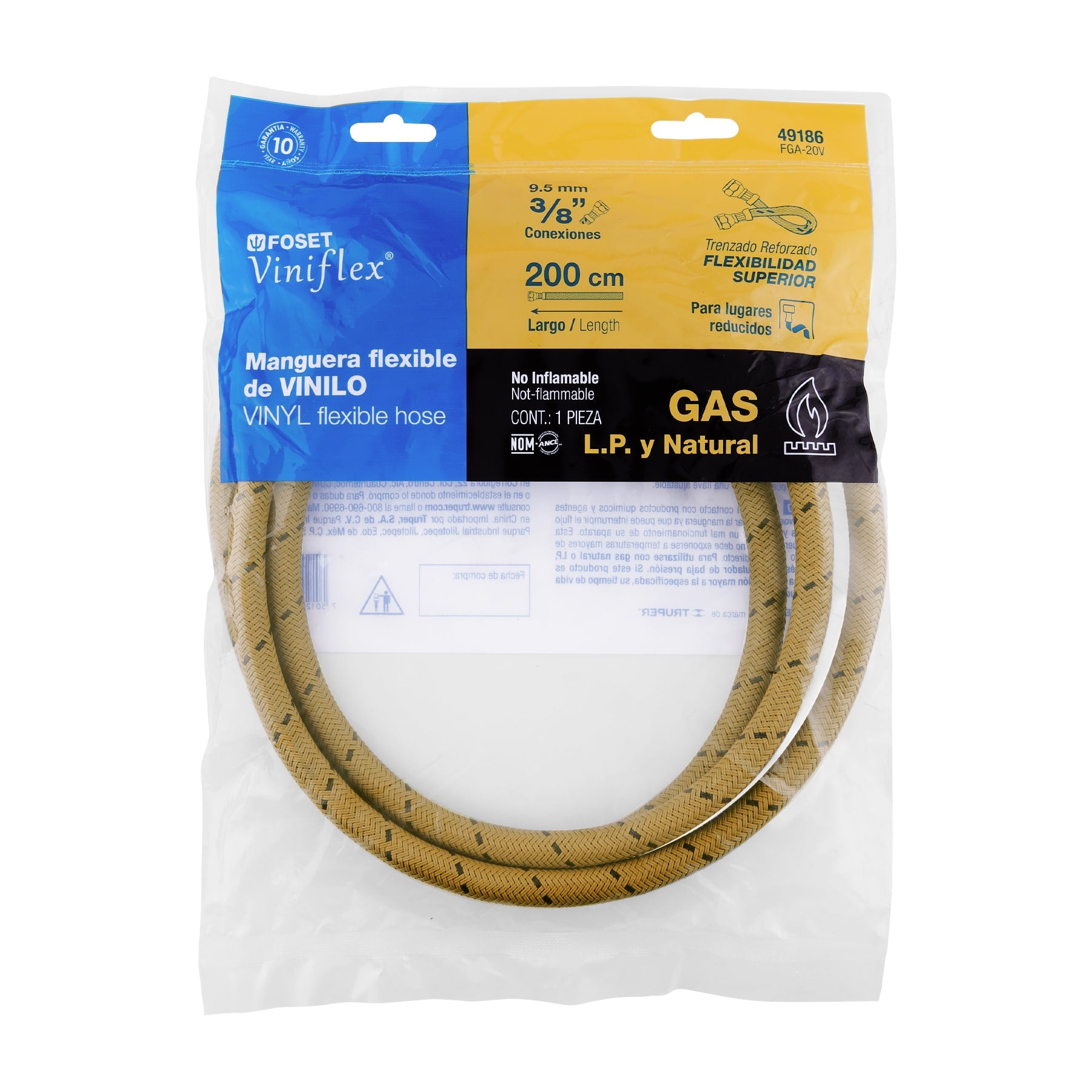 Manguera para gas, vinilo, 3/8" flare, 200 cm, FOSET