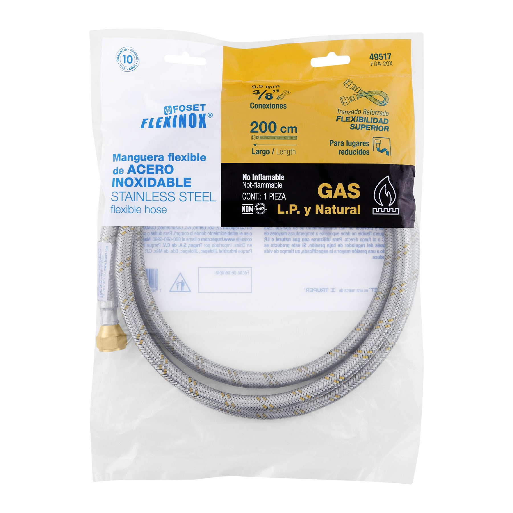 Manguera para gas, acero inox, 3/8" flare, 200 cm, FOSET