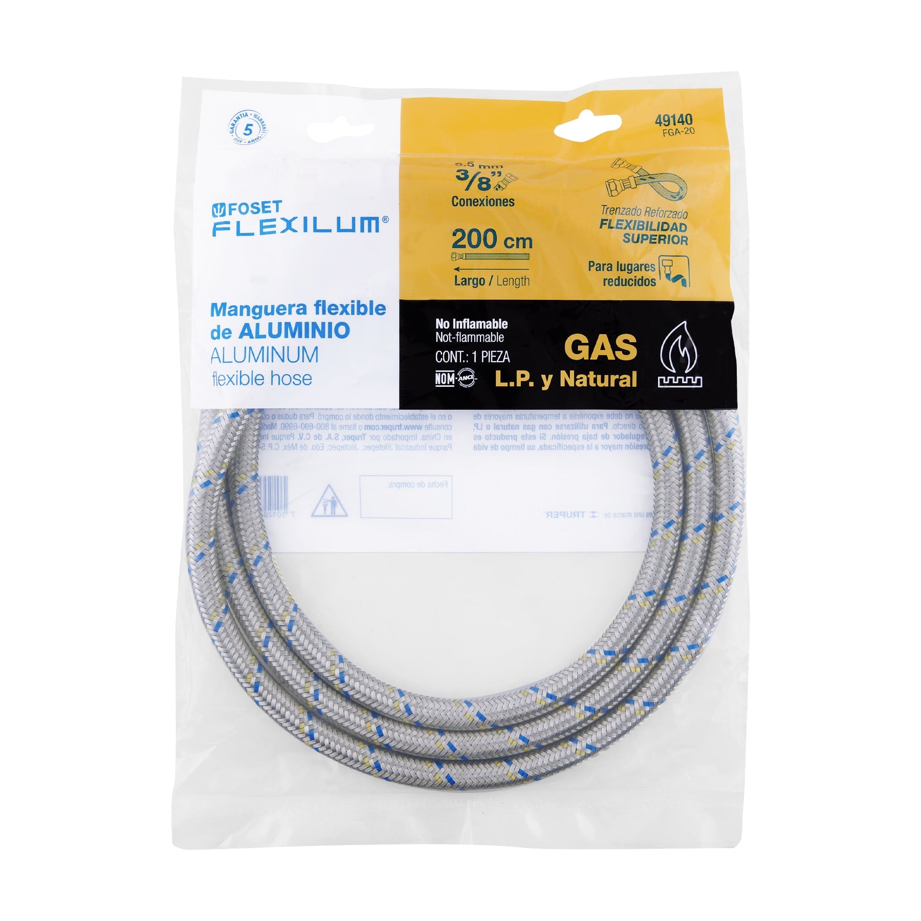 Manguera para gas, aluminio, 3/8" flare, 200 cm, FOSET