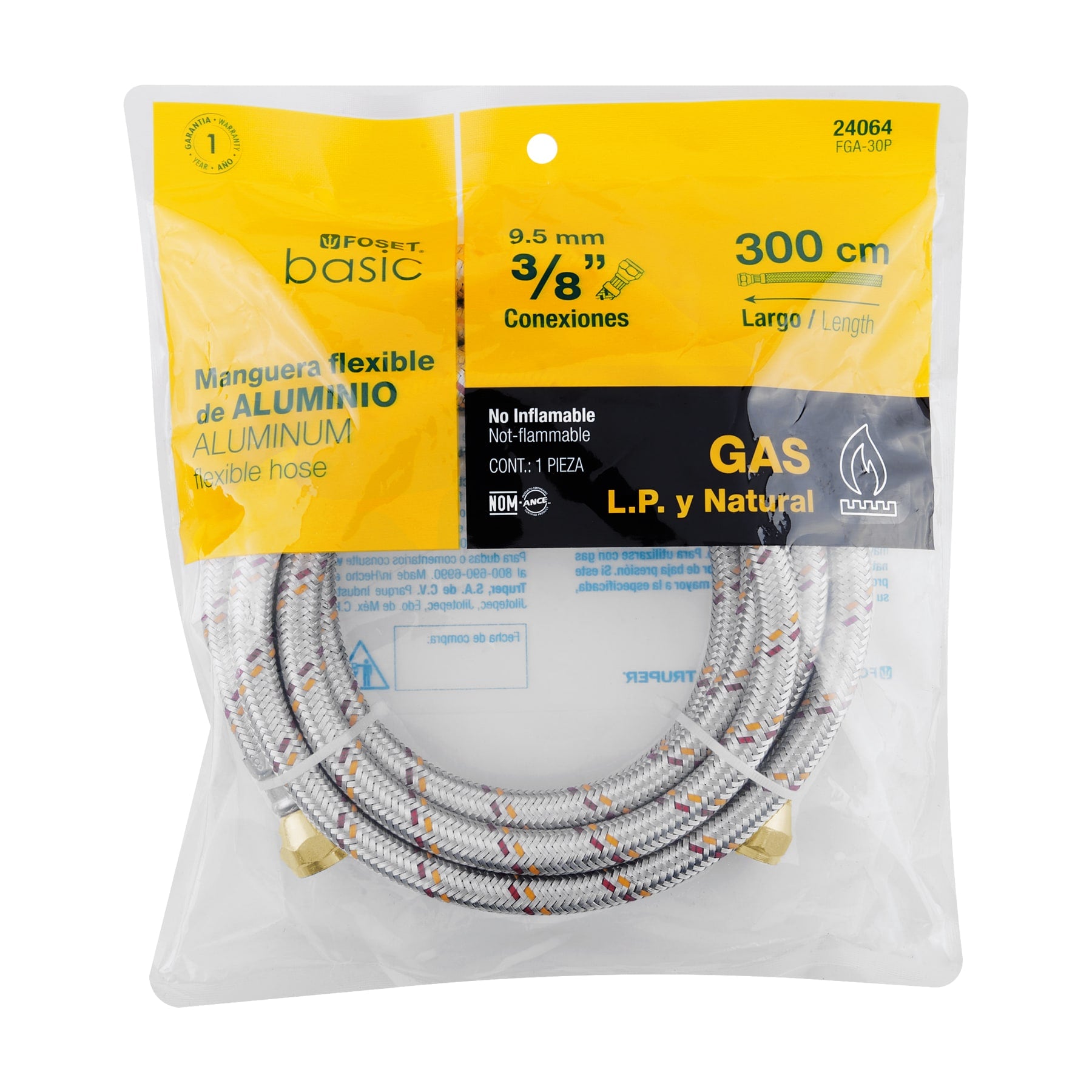 Manguera para gas, aluminio, 3/8" flare, 300 cm, FOSET BASIC