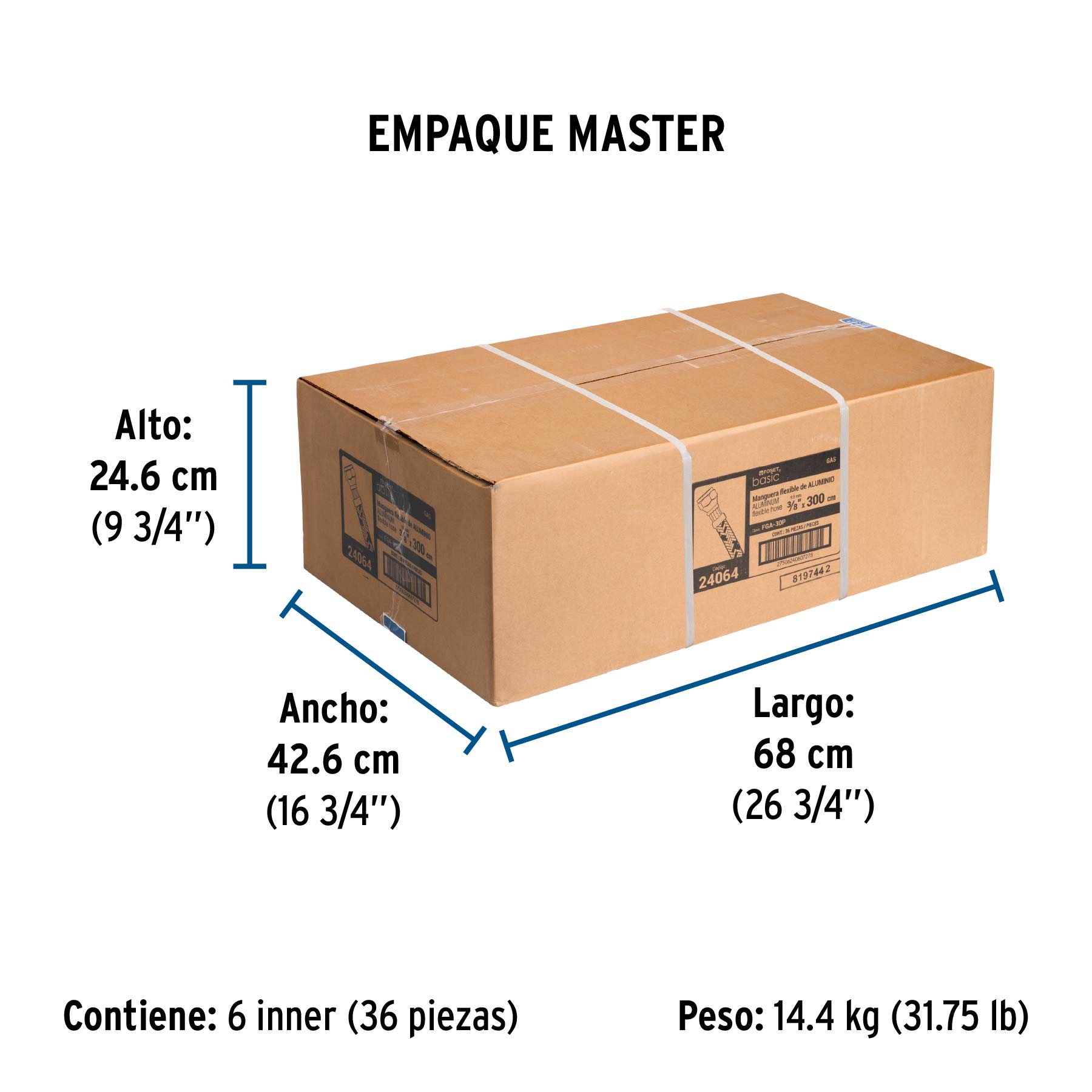Manguera para gas, aluminio, 3/8" flare, 300 cm, FOSET BASIC - Empaque