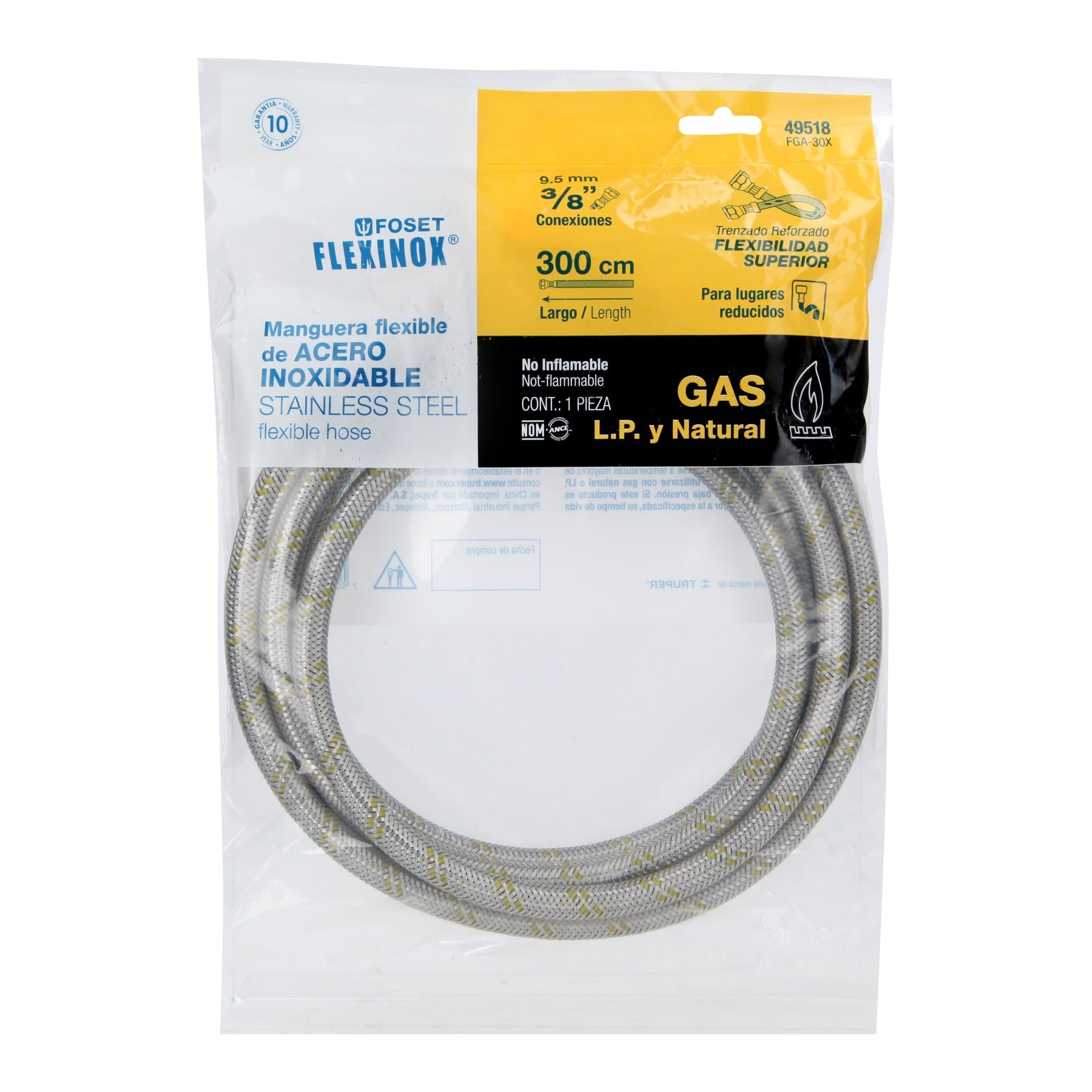 Manguera para gas, acero inox, 3/8" flare, 300 cm, FOSET