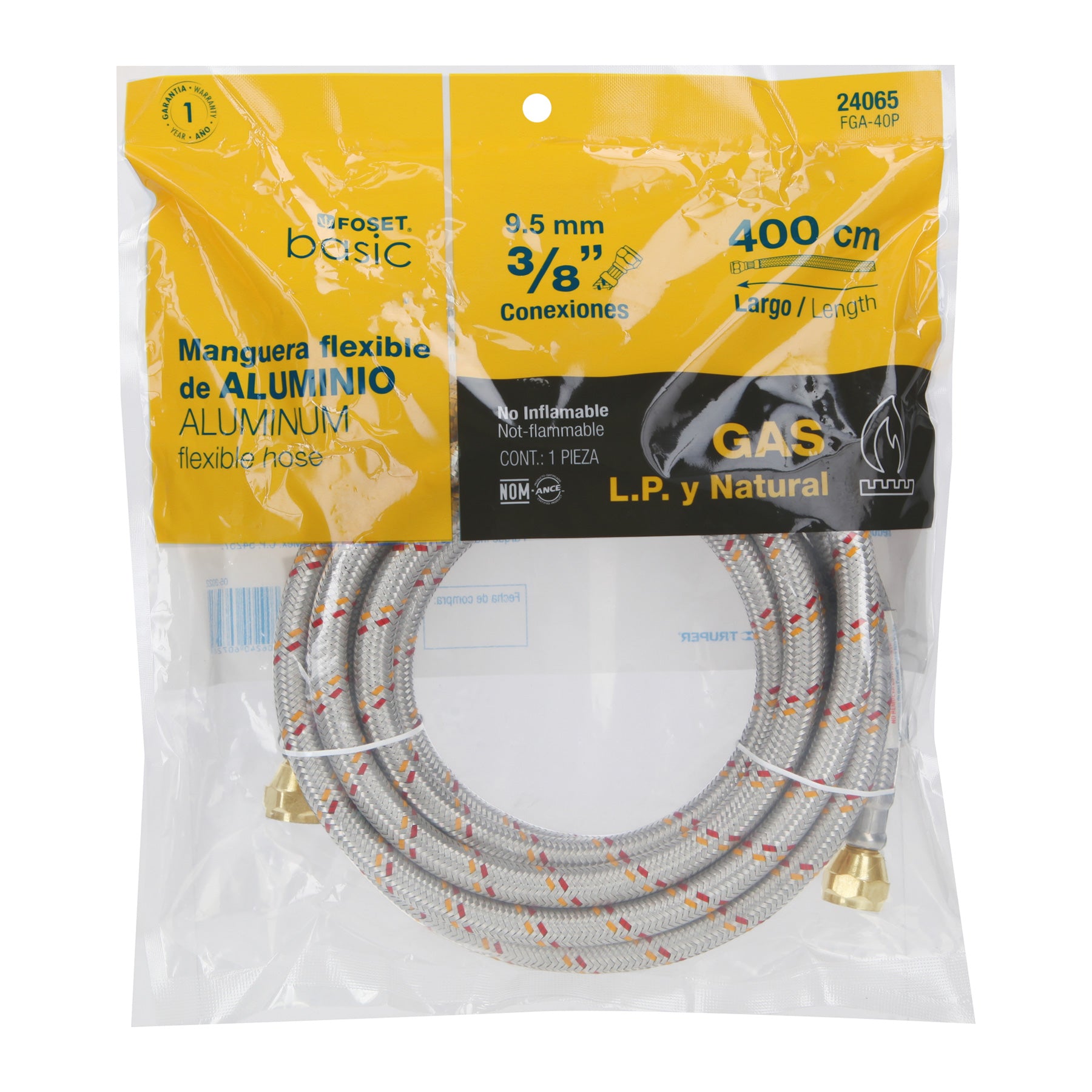 Manguera para gas, aluminio, 3/8" flare, 400 cm, FOSET BASIC