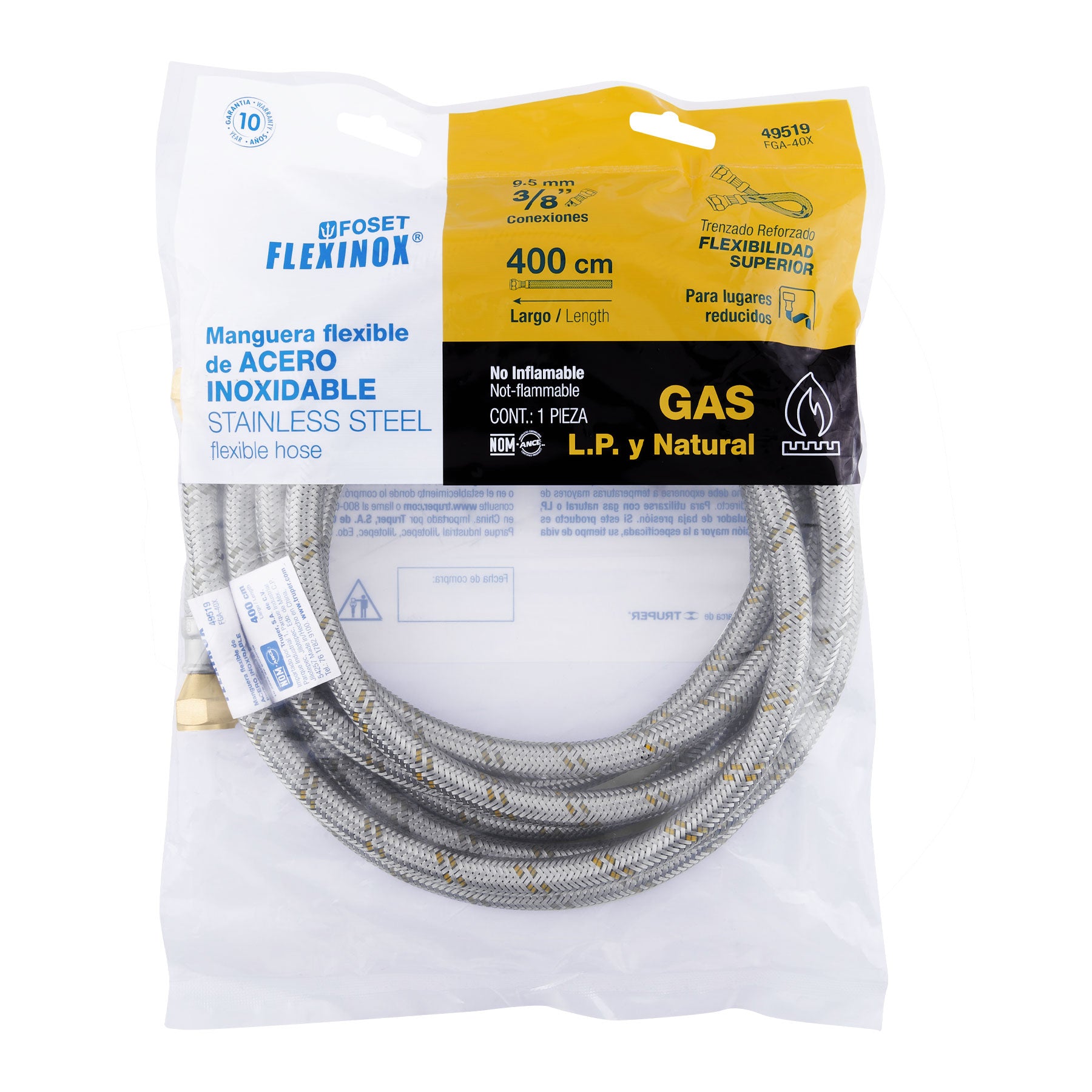 Manguera para gas, acero inox, 3/8" flare, 400 cm, FOSET