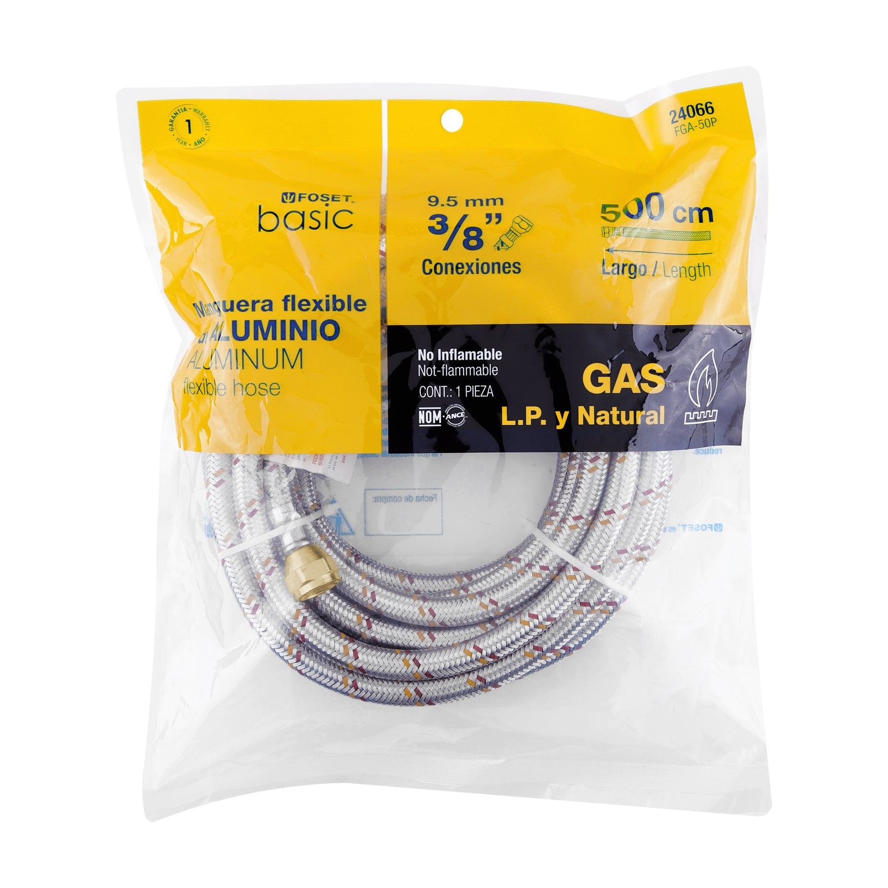 Manguera para gas, aluminio, 3/8" flare, 500 cm, FOSET BASIC