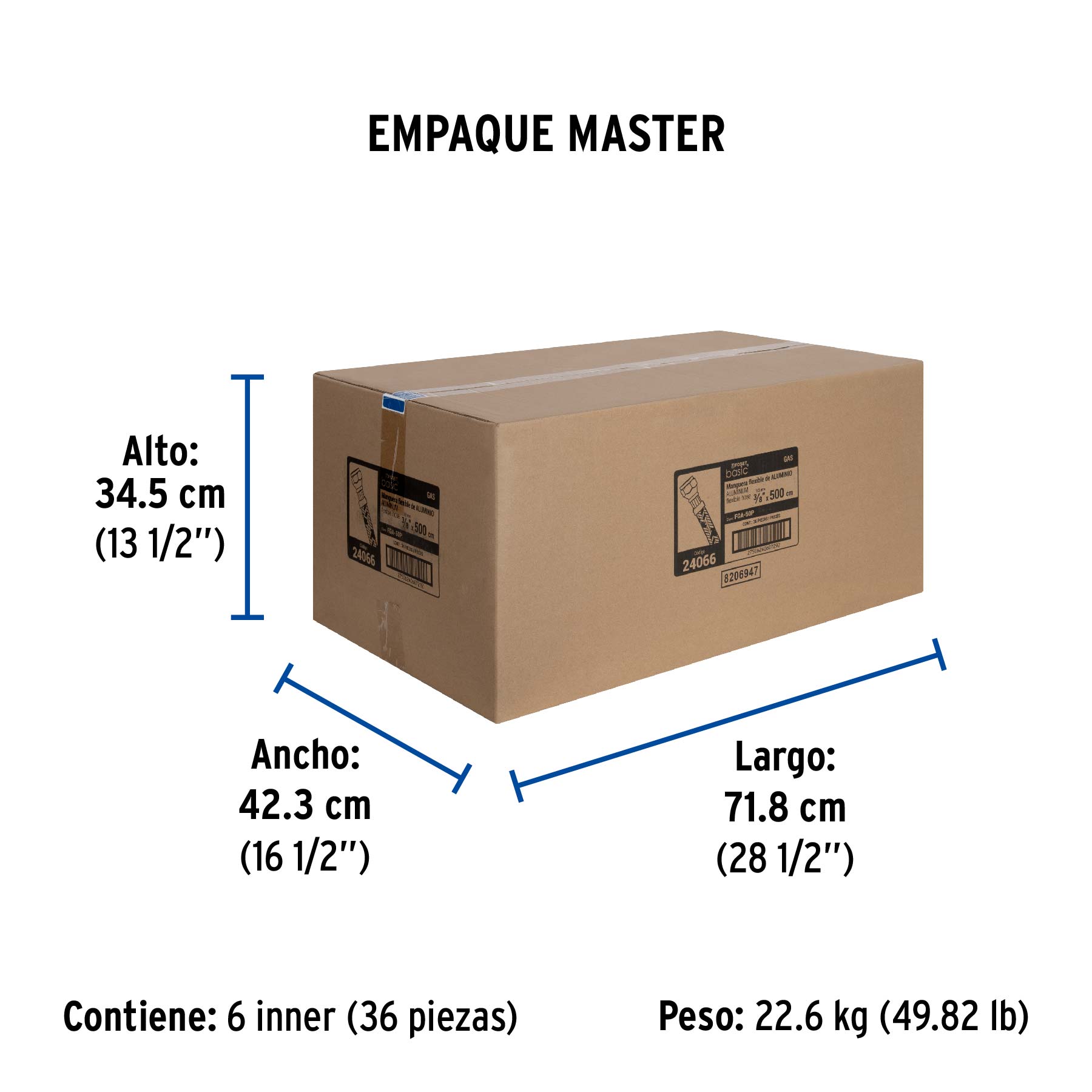 Manguera para gas, aluminio, 3/8" flare, 500 cm, FOSET BASIC - Empaque