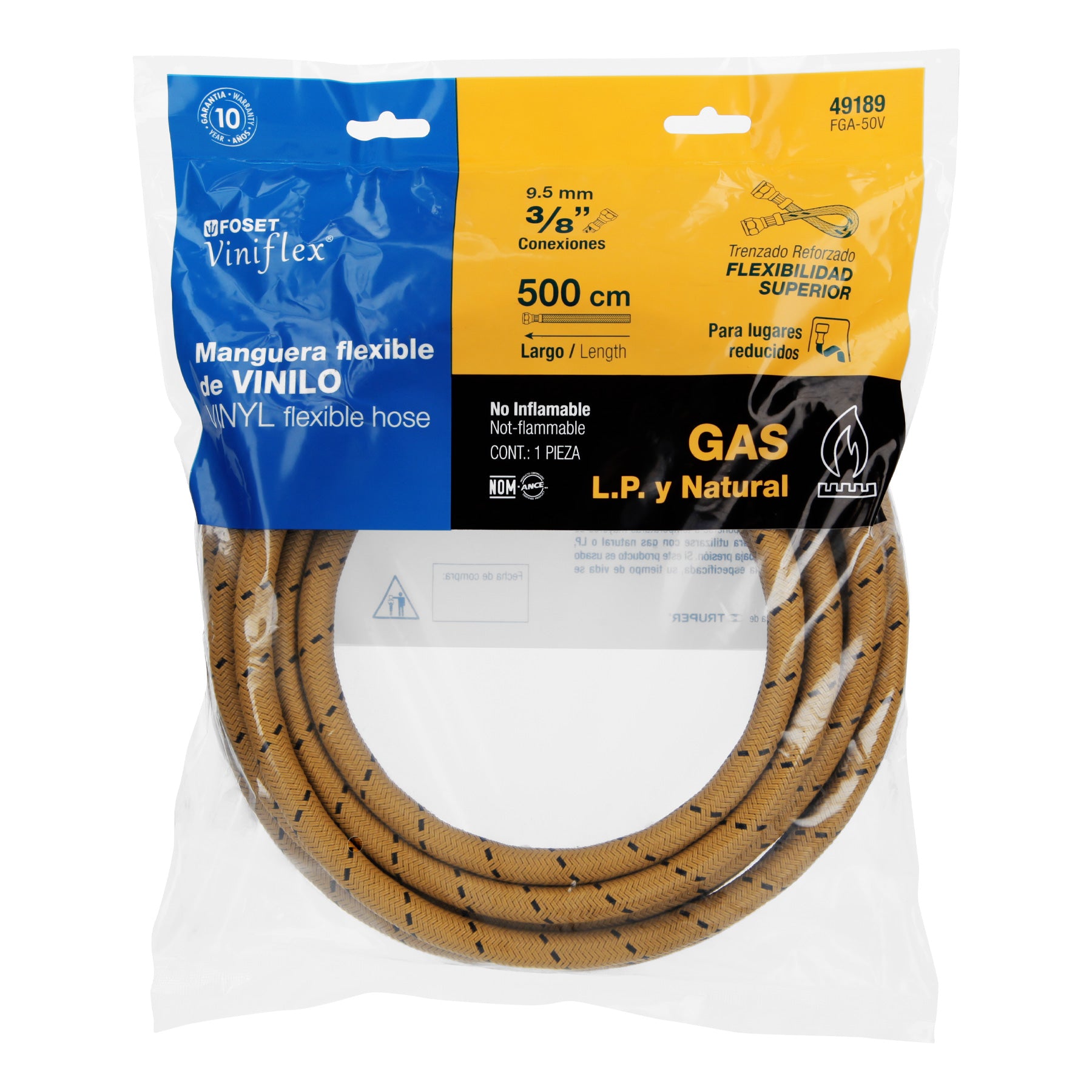 Manguera para gas, vinilo, 3/8" flare, 500 cm, FOSET