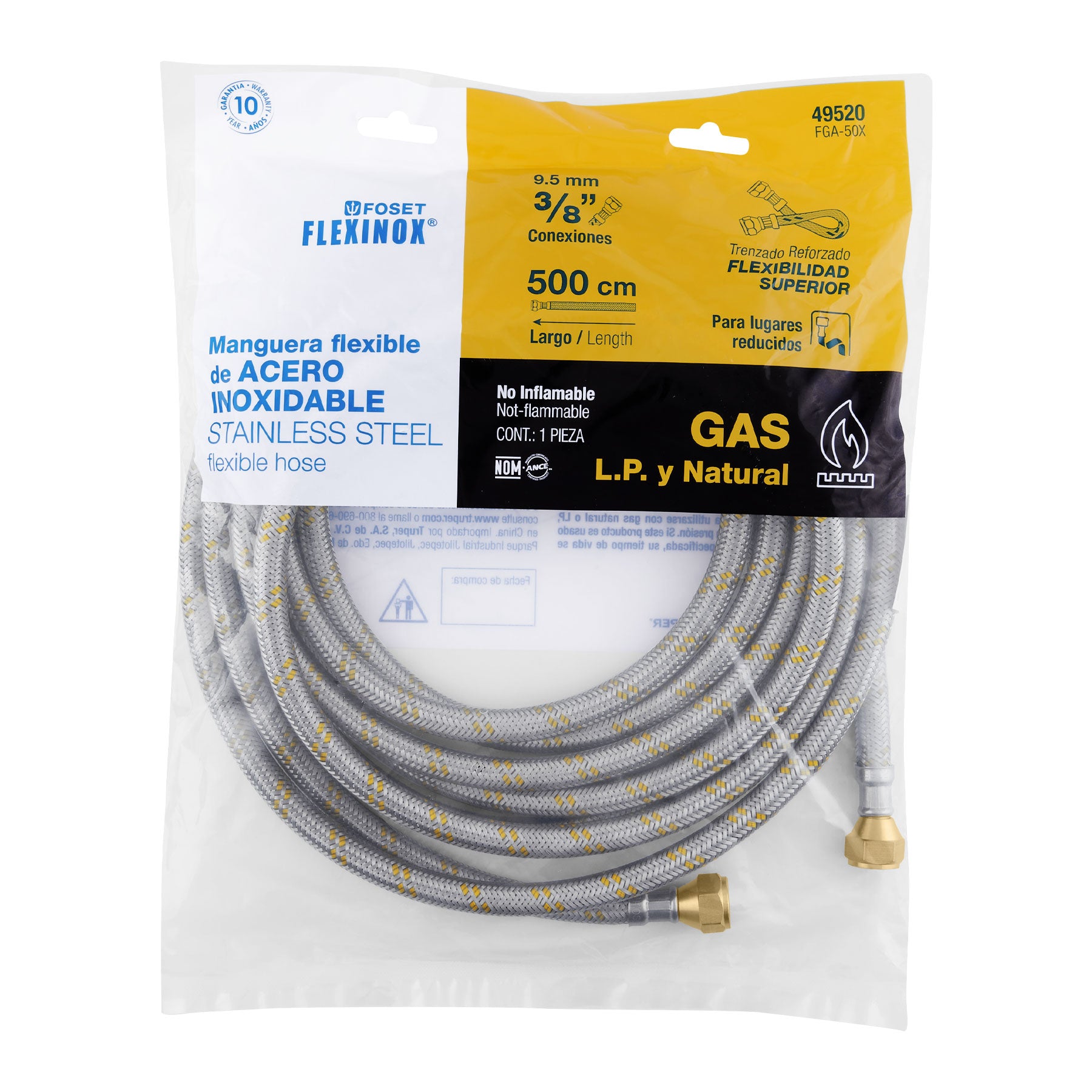 Manguera para gas, acero inox, 3/8" flare, 500 cm, FOSET