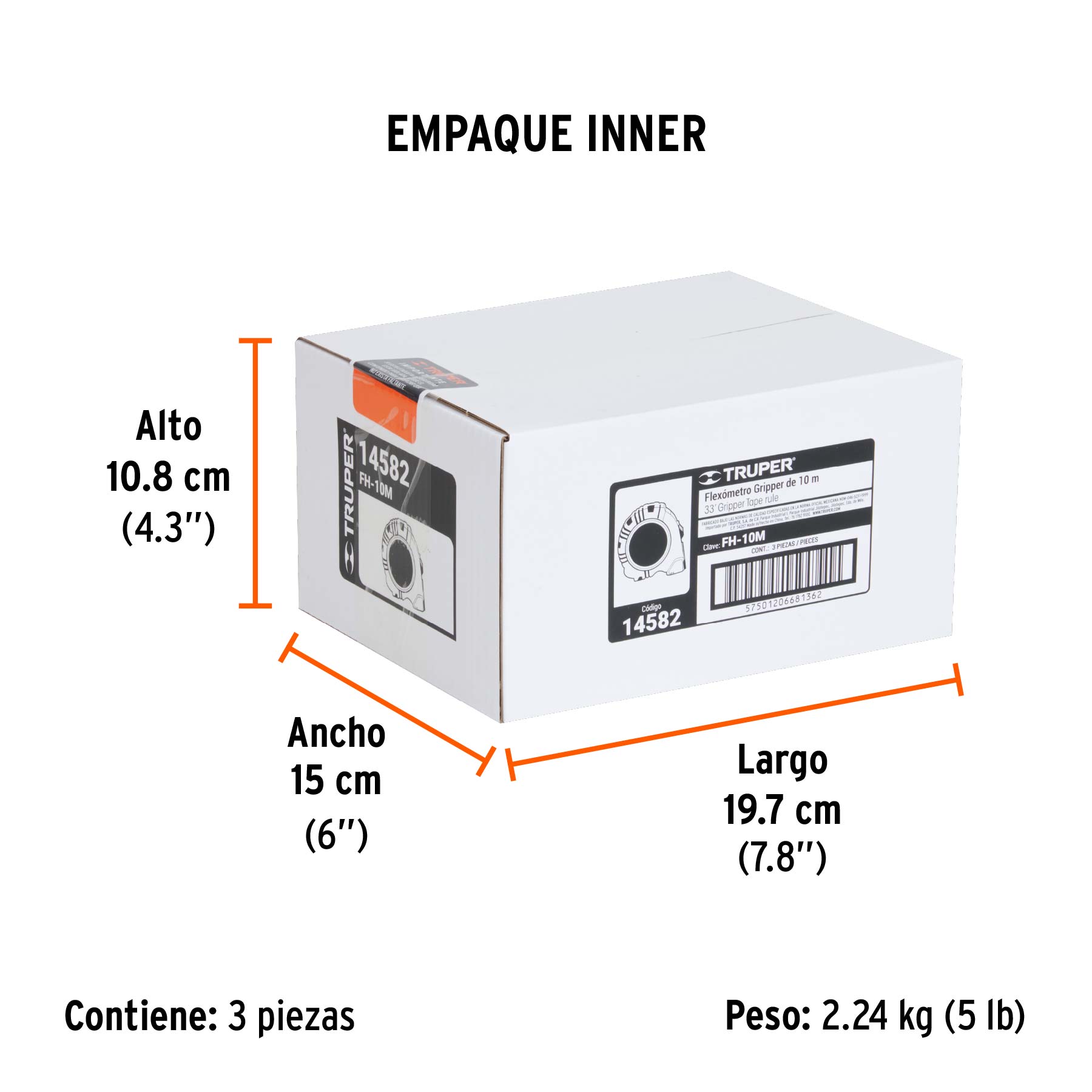 Flexómetro Gripper contra impactos 10 m cinta 32 mm, TRUPER - Empaque