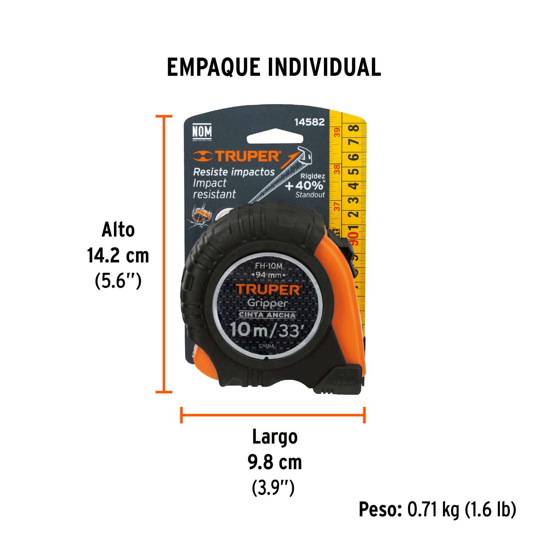 Flexómetro Gripper contra impactos 10 m cinta 32 mm, TRUPER - Empaque