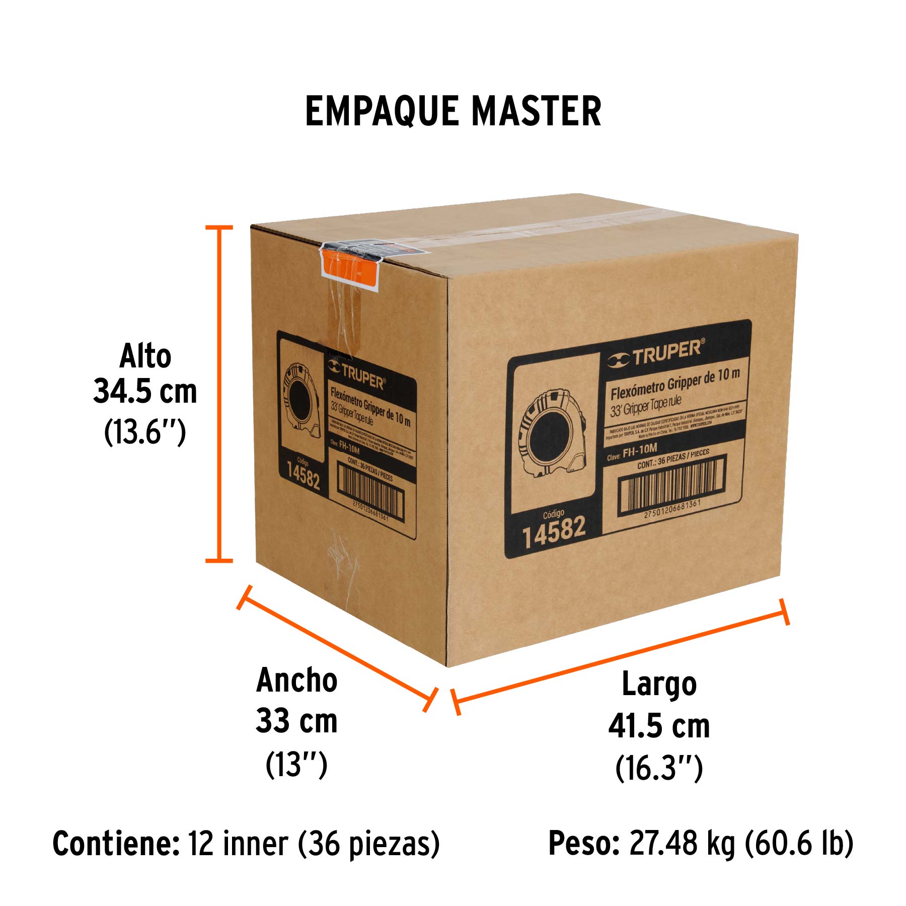 Flexómetro Gripper contra impactos 10 m cinta 32 mm, TRUPER - Empaque