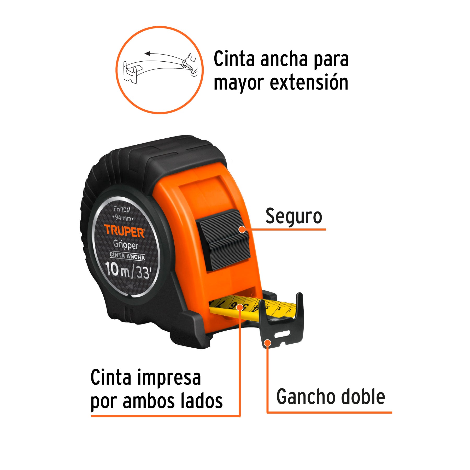 Flexómetro Gripper contra impactos 10 m cinta 32 mm, TRUPER