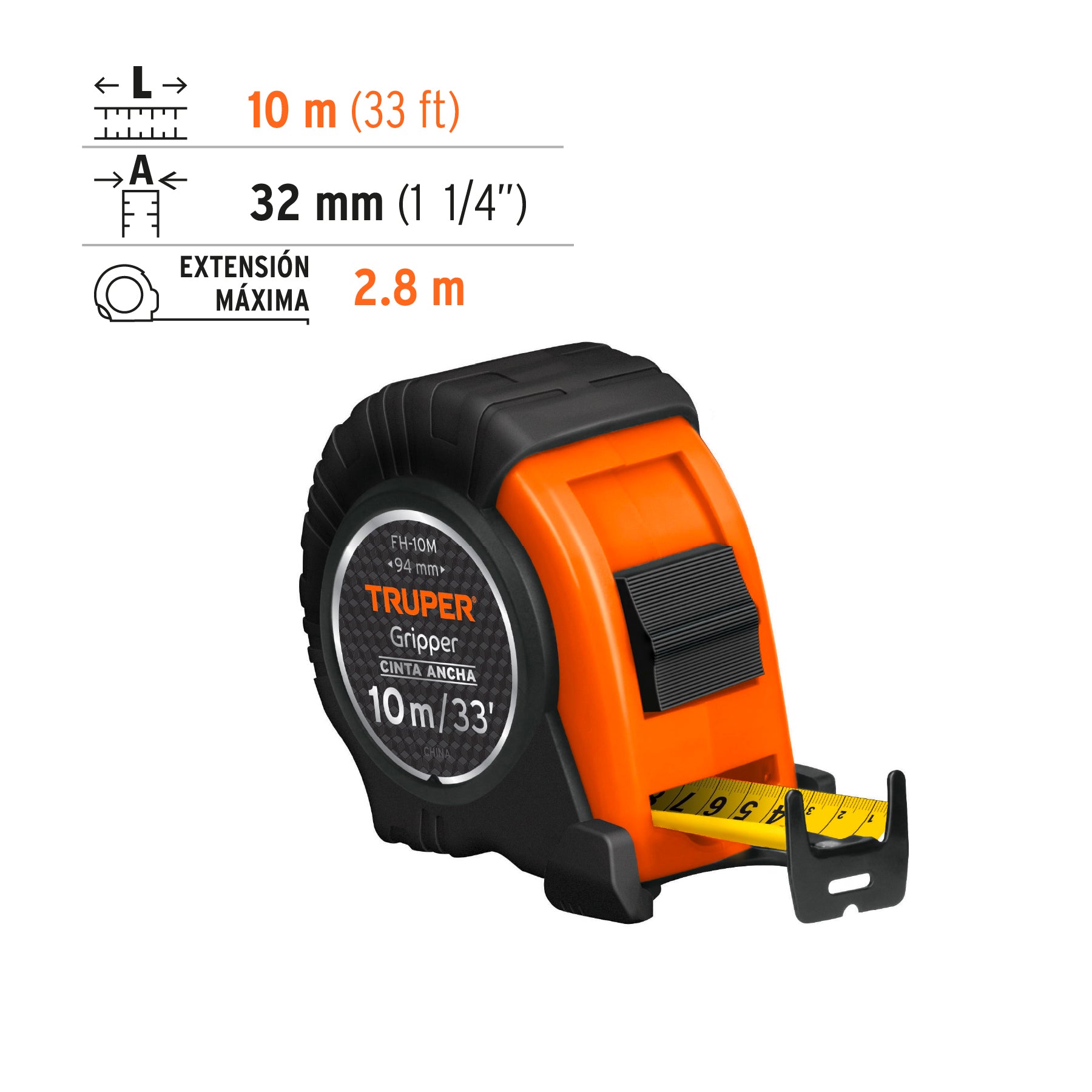 Flexómetro Gripper contra impactos 10 m cinta 32 mm, TRUPER