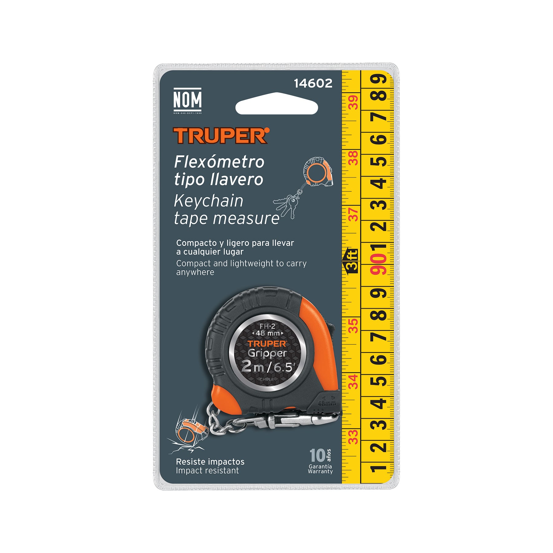 Flexómetro Gripper de 2 m tipo llavero, cinta 13 mm, TRUPER