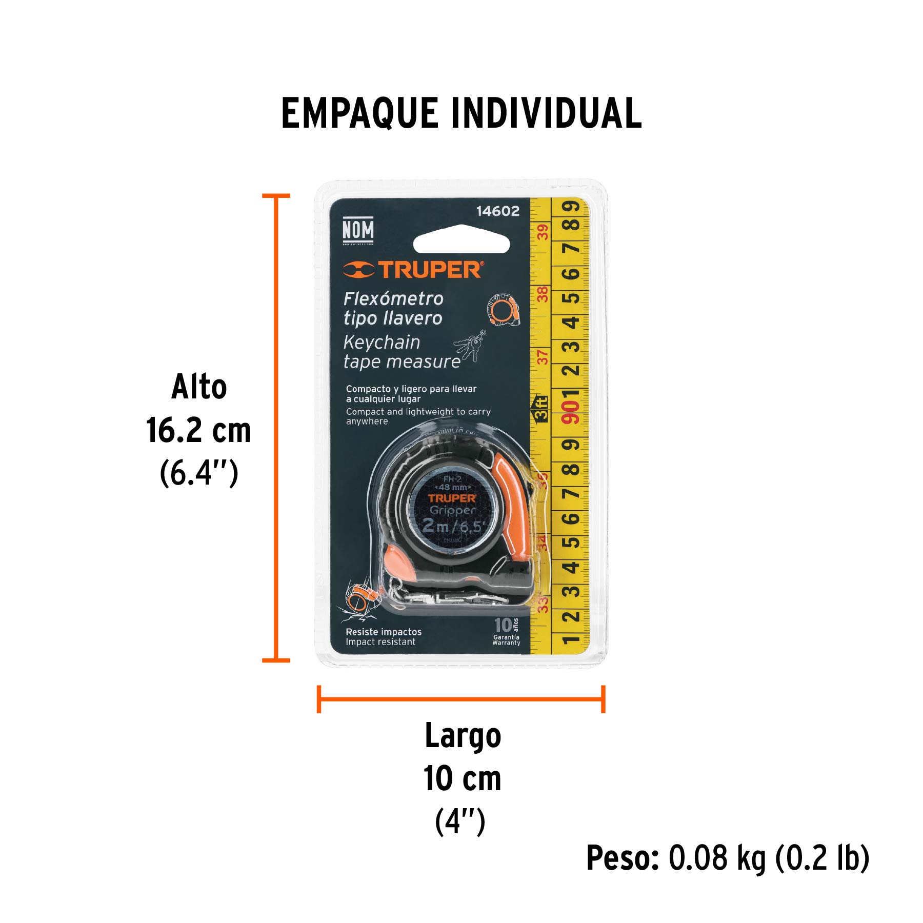 Flexómetro Gripper de 2 m tipo llavero, cinta 13 mm, TRUPER - Empaque