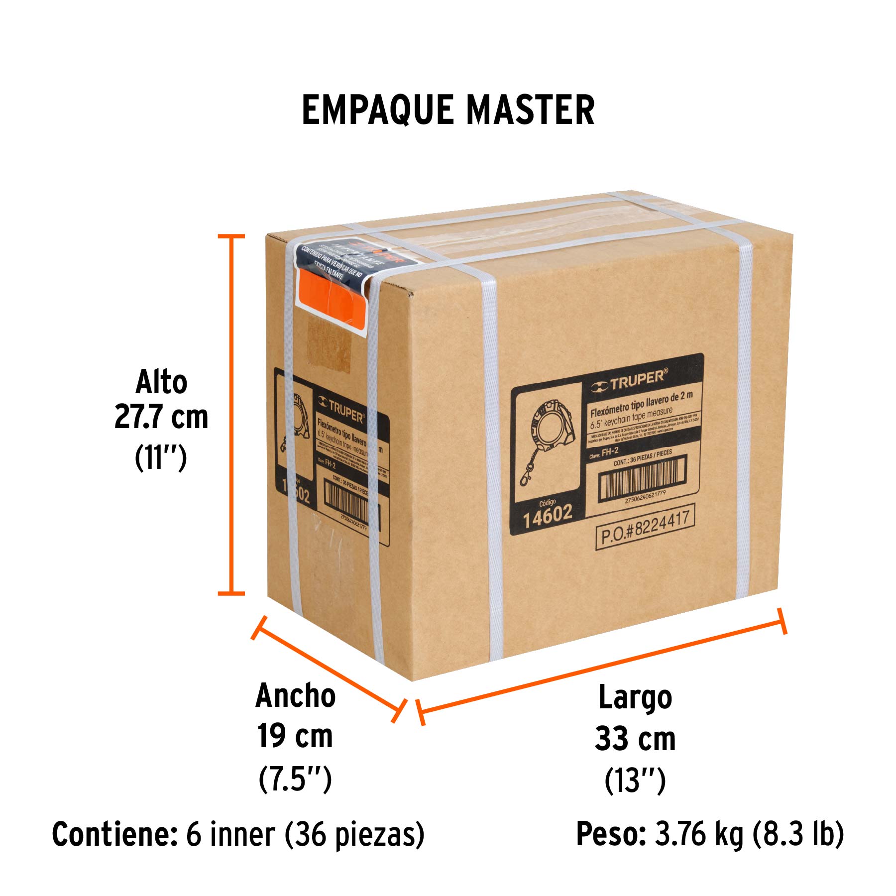 Flexómetro Gripper de 2 m tipo llavero, cinta 13 mm, TRUPER - Empaque