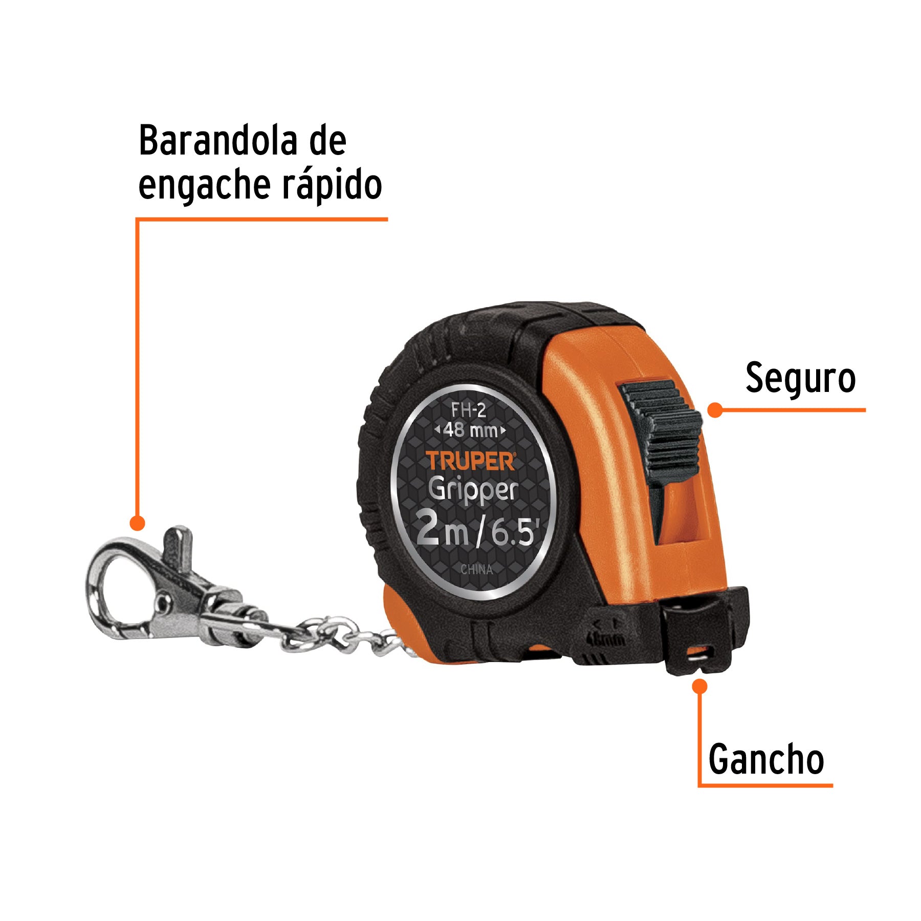 Flexómetro Gripper de 2 m tipo llavero, cinta 13 mm, TRUPER