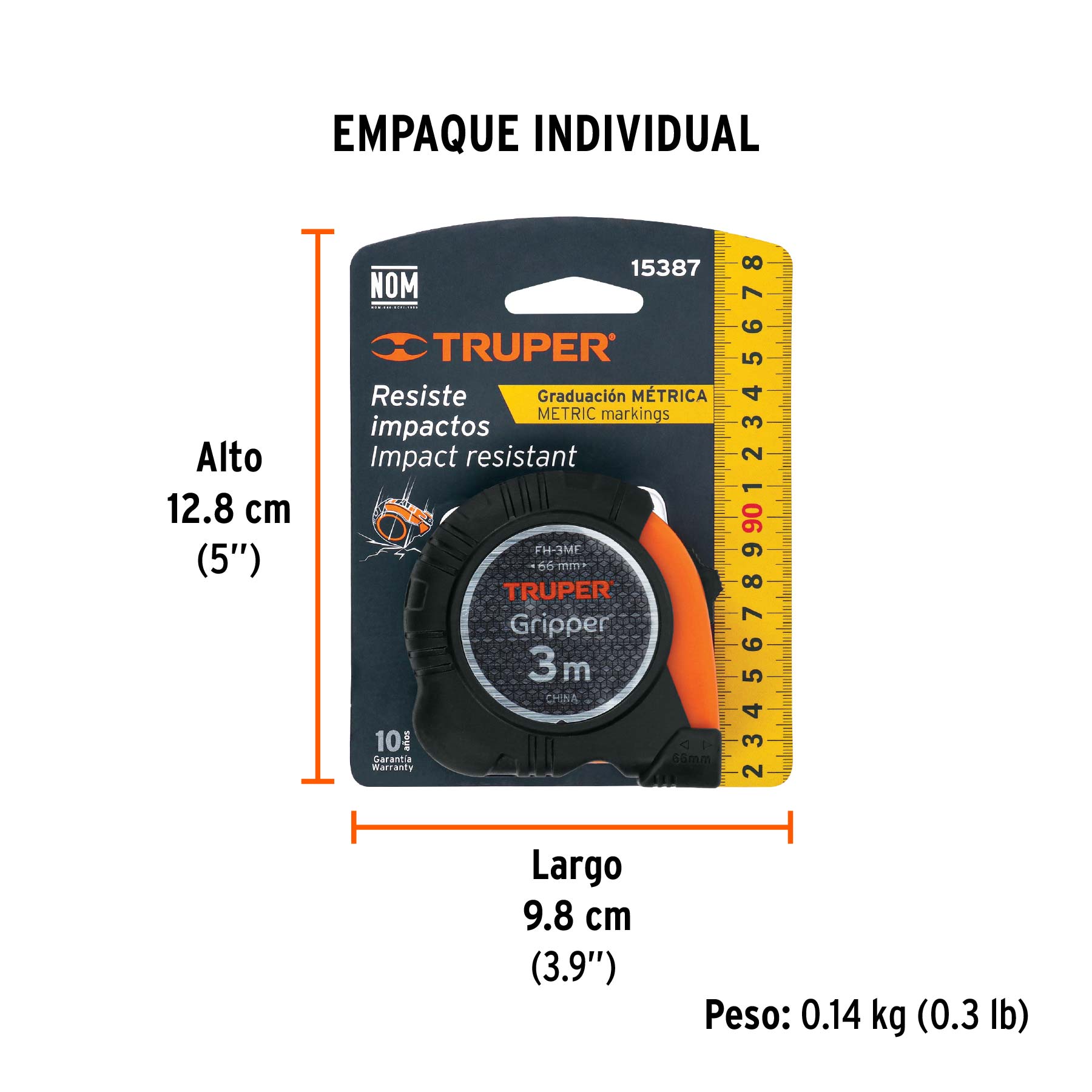 Flexómetro contra impactos 3 m cinta 13 mm grad. métrica - Empaque