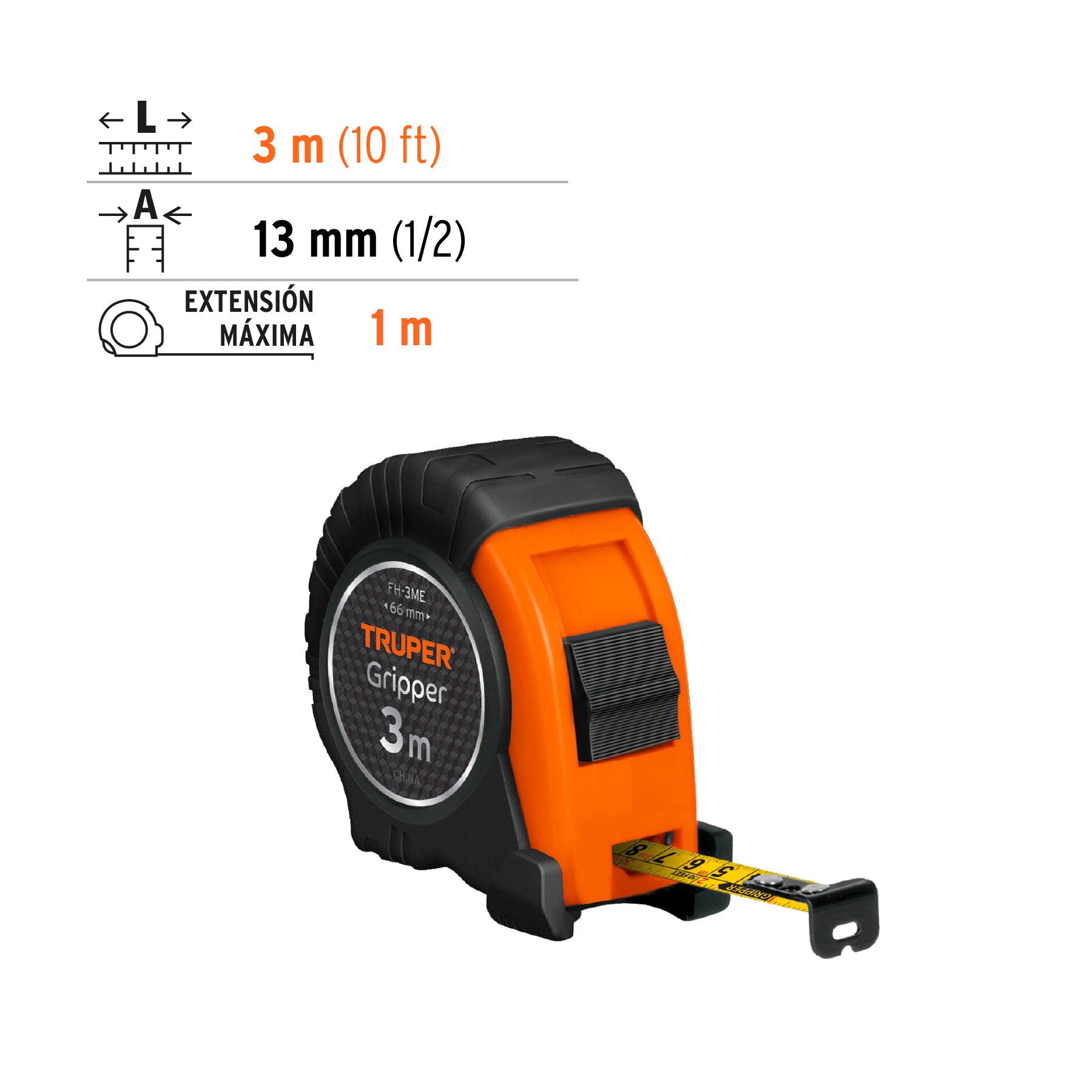 Flexómetro contra impactos 3 m cinta 13 mm grad. métrica