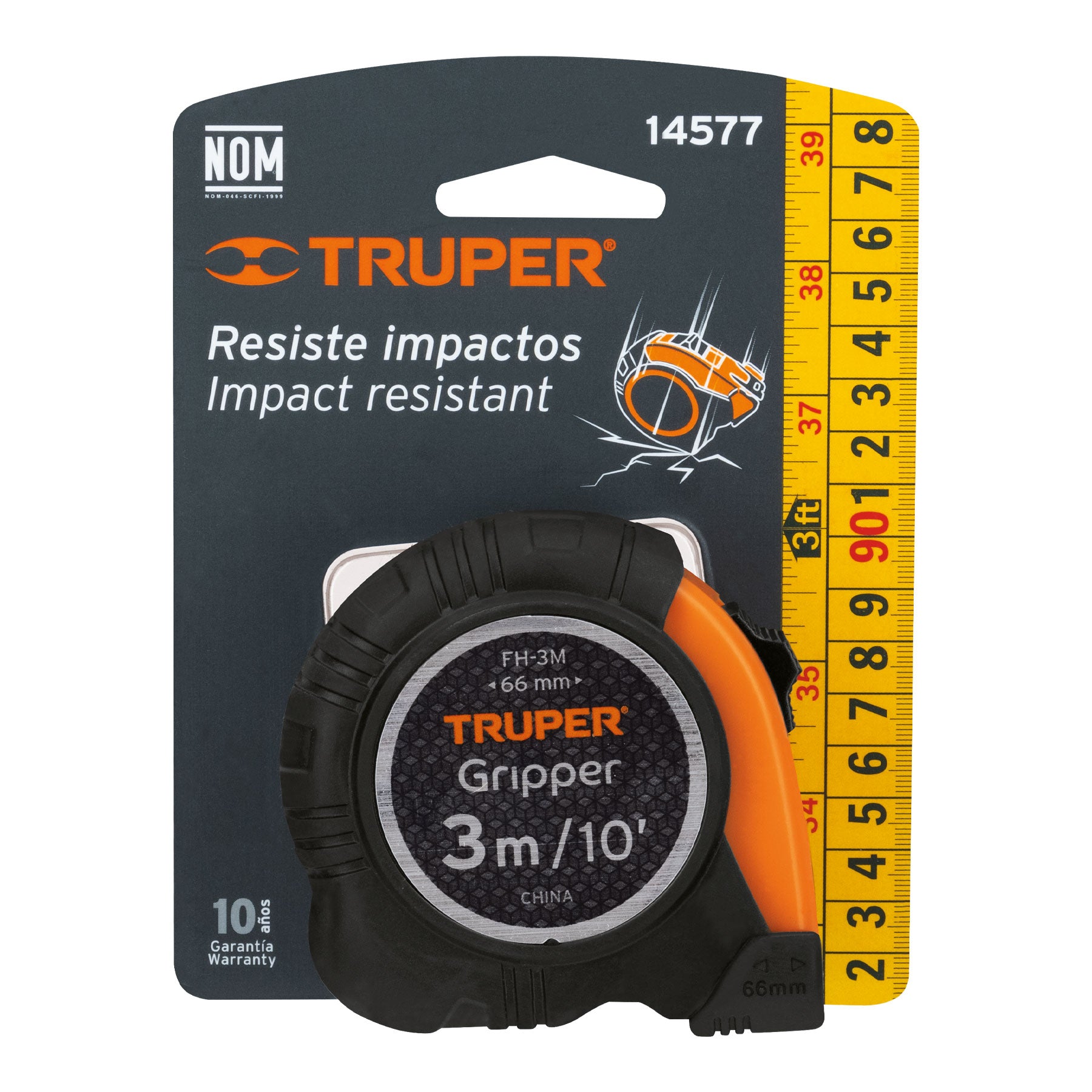 Flexómetro Gripper contra impactos 3 m cinta 13 mm, TRUPER