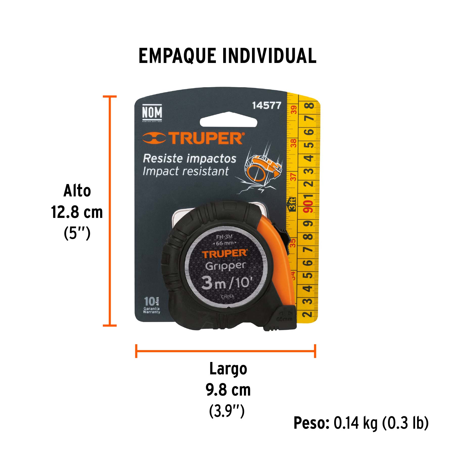 Flexómetro Gripper contra impactos 3 m cinta 13 mm, TRUPER - Empaque
