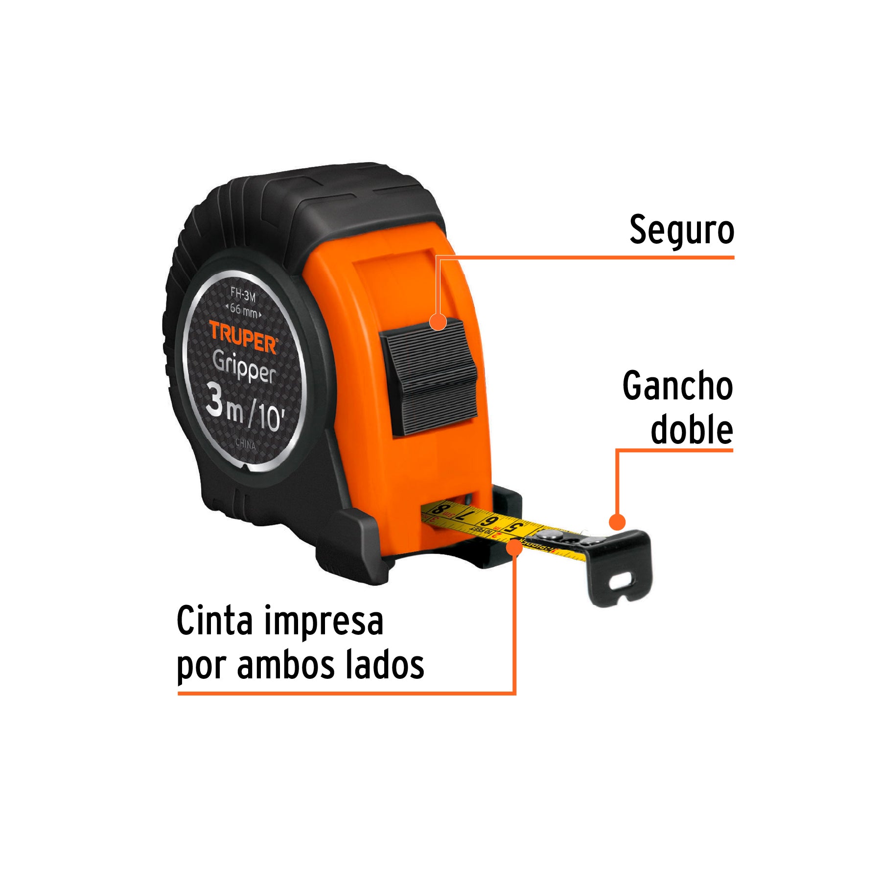 Flexómetro Gripper contra impactos 3 m cinta 13 mm, TRUPER