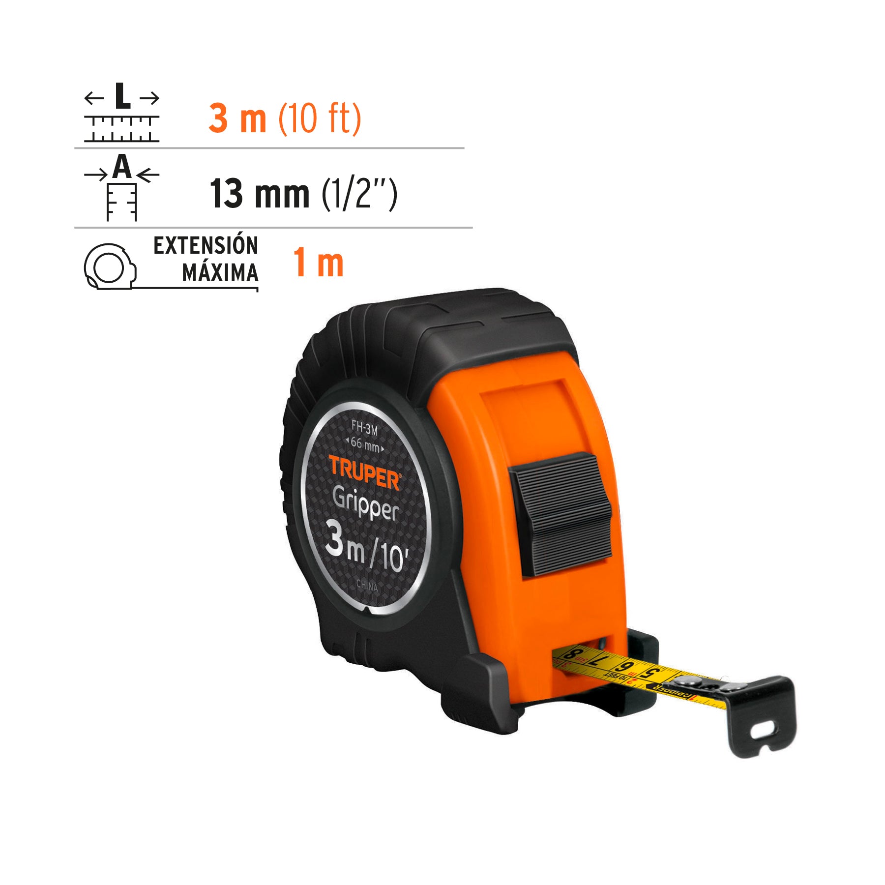 Flexómetro Gripper contra impactos 3 m cinta 13 mm, TRUPER