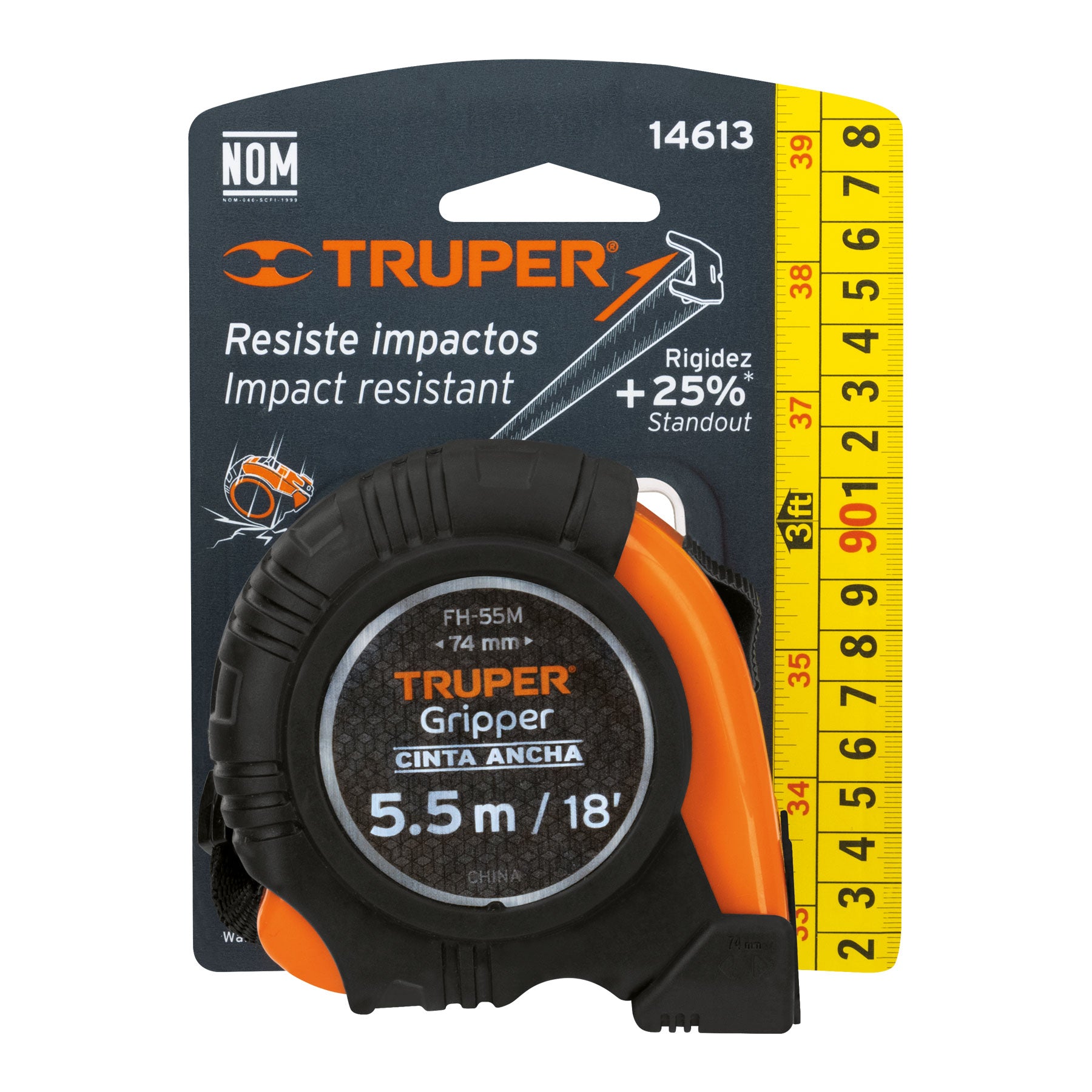 Flexómetro Gripper contra impactos 5.5 m cinta 25 mm, TRUPER