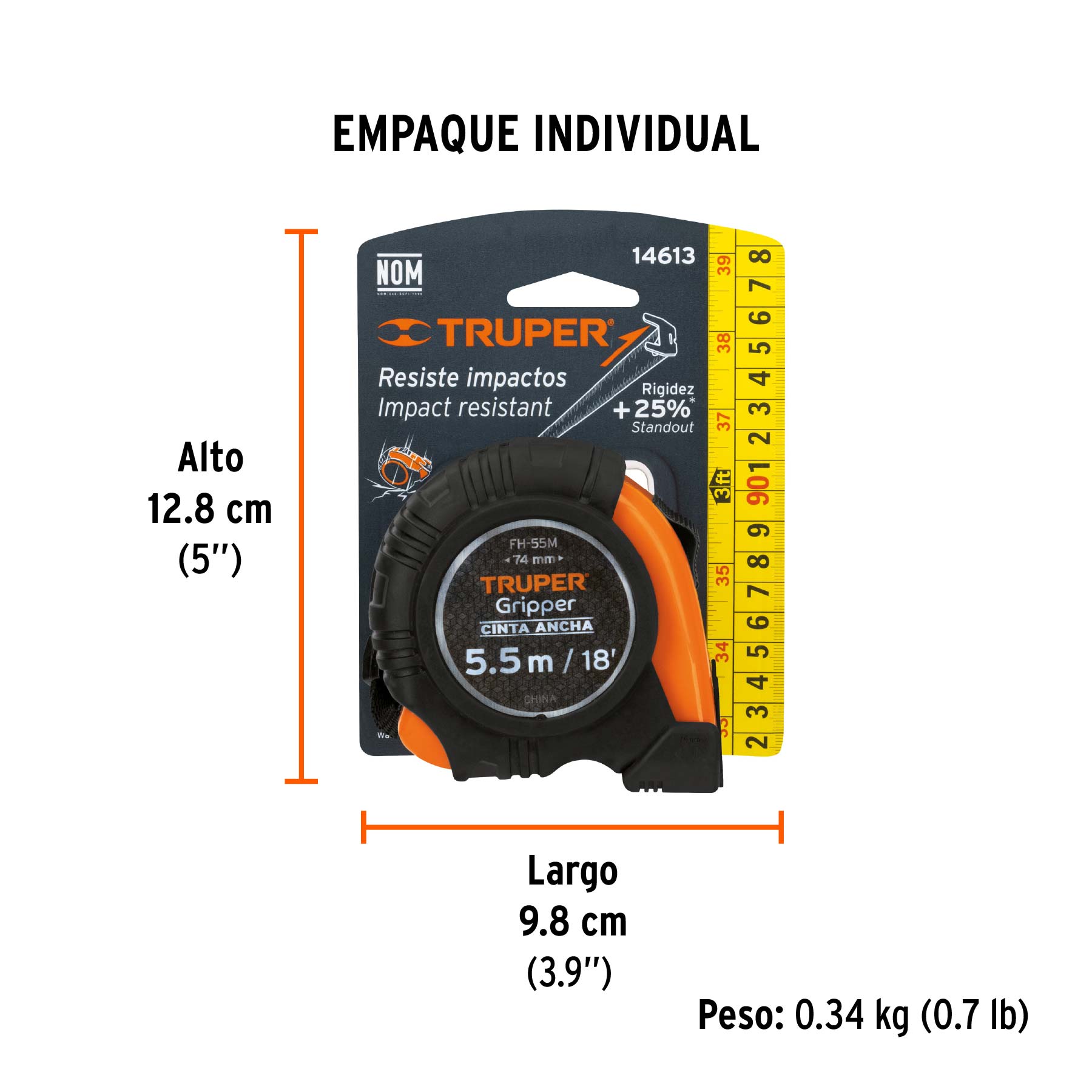 Flexómetro Gripper contra impactos 5.5 m cinta 25 mm, TRUPER - Empaque