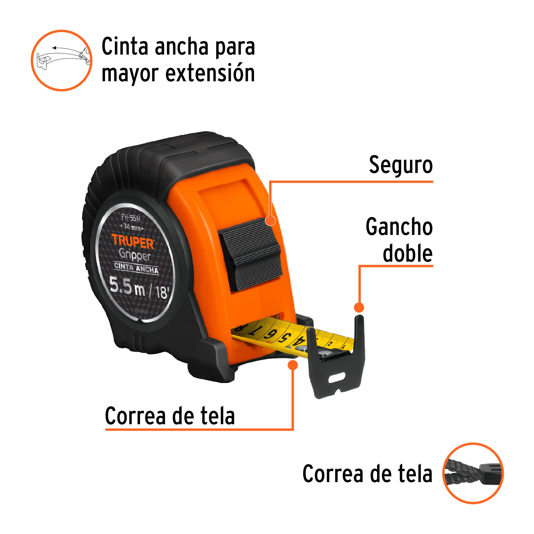 Flexómetro Gripper contra impactos 5.5 m cinta 25 mm, TRUPER