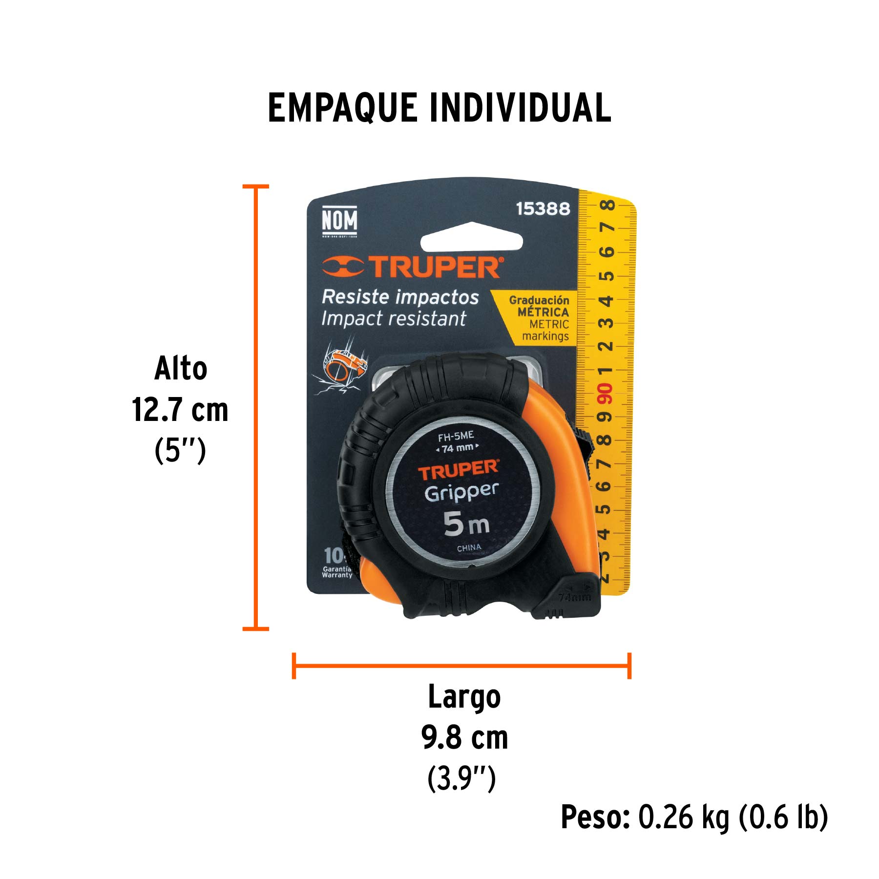 Flexómetro contra impactos 5 m cinta 19 mm grad. métrica - Empaque