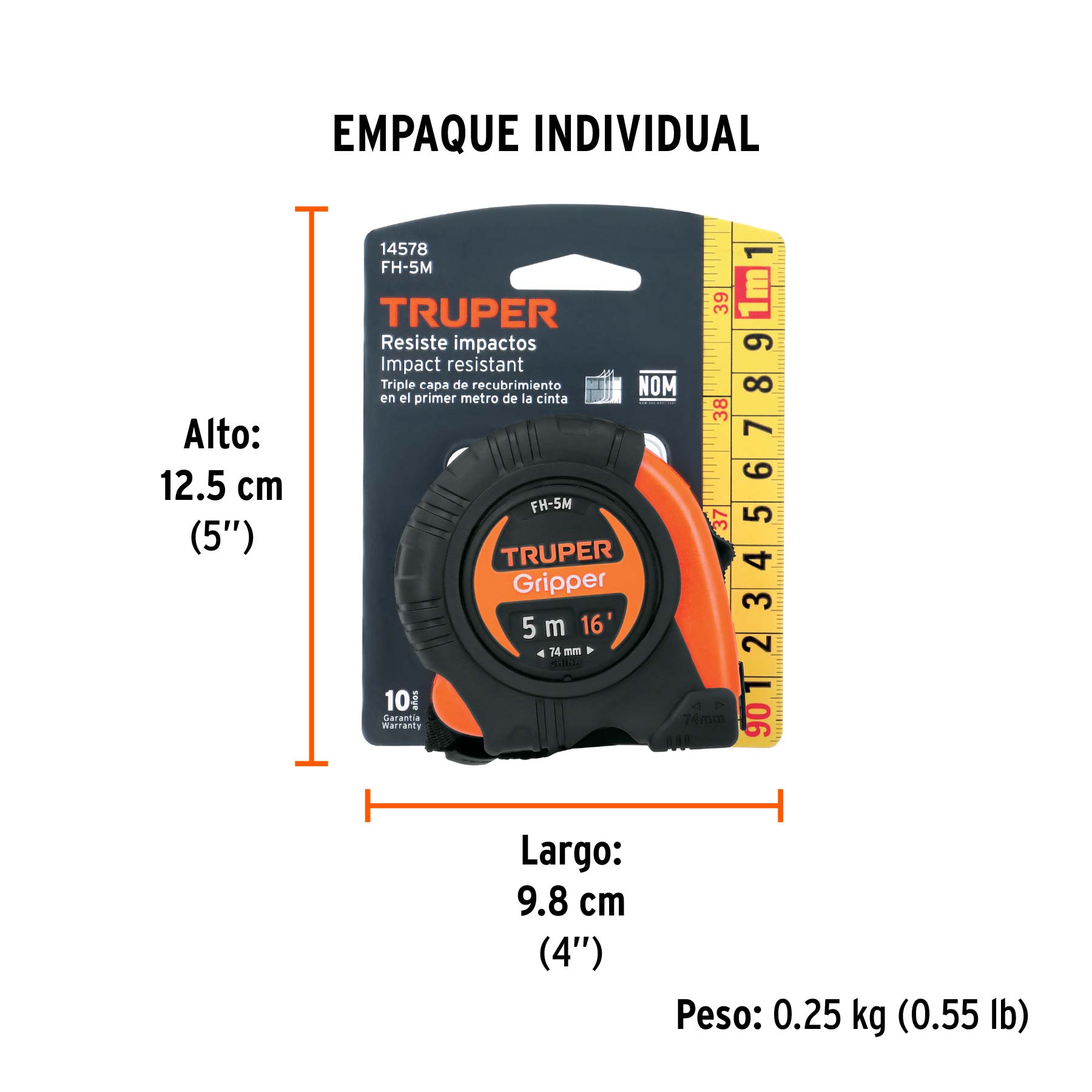 Flexómetro Gripper contra impactos 5 m cinta 19 mm, TRUPER - Empaque