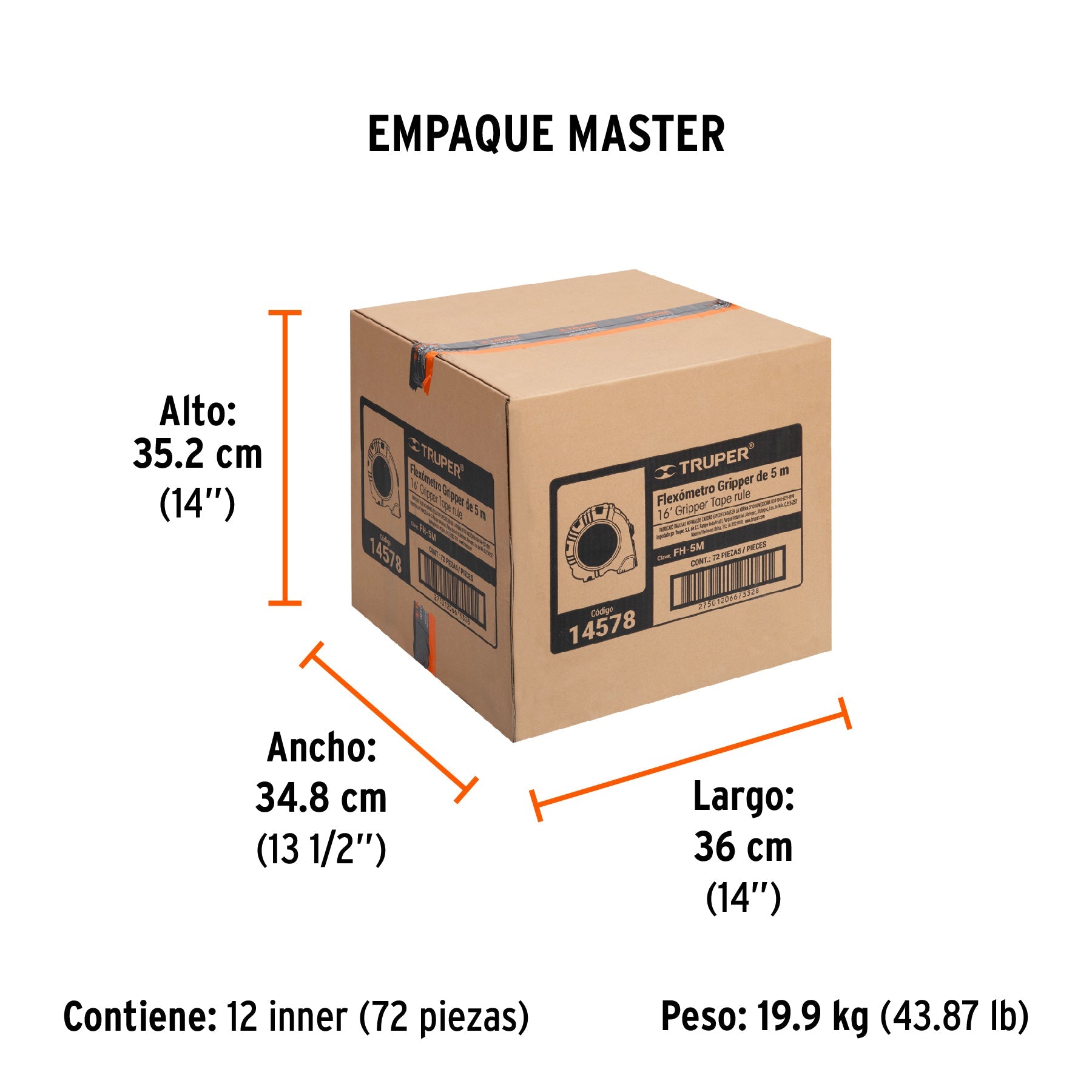Flexómetro Gripper contra impactos 5 m cinta 19 mm, TRUPER - Empaque